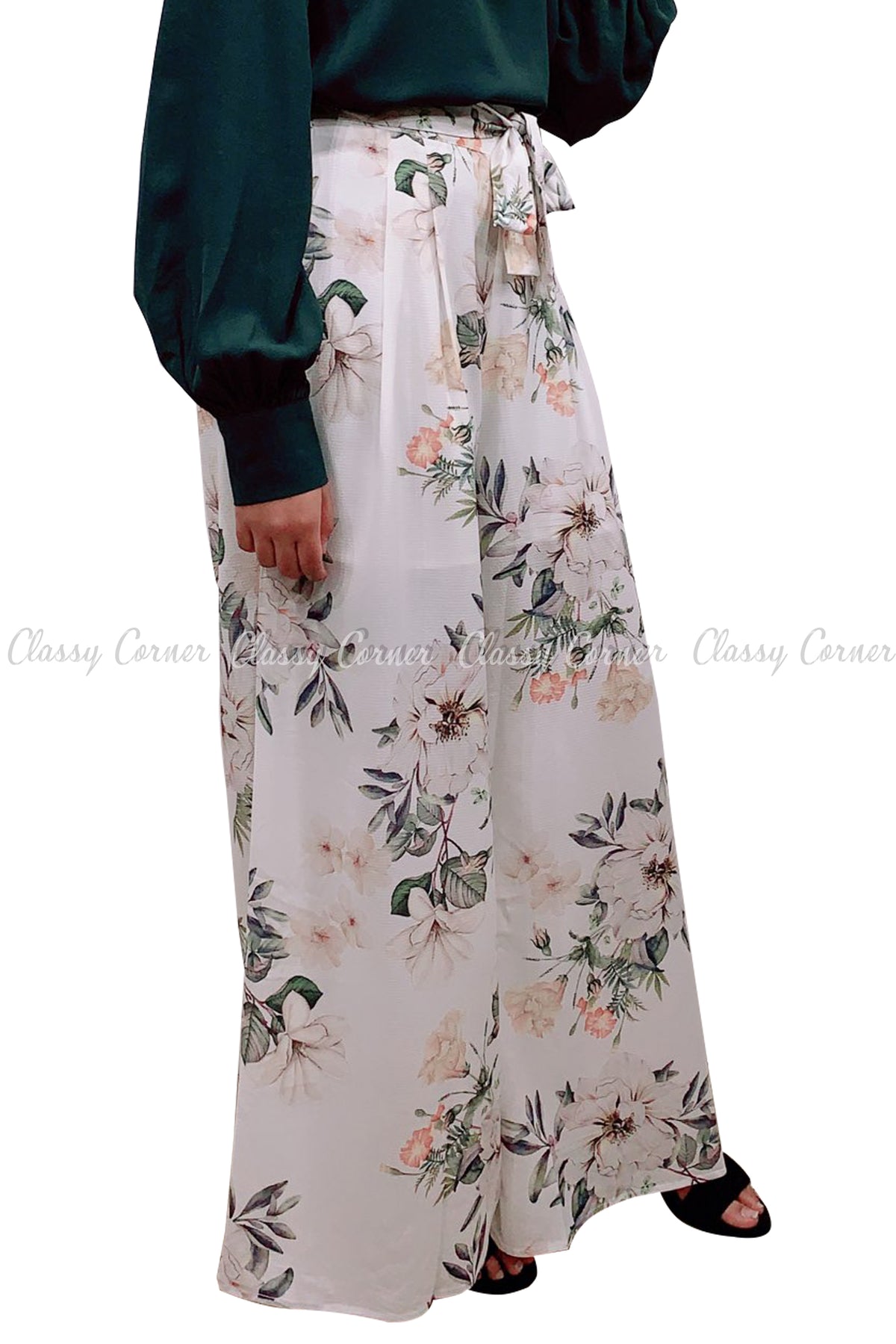 Tropical Leafy Floral Printed White Elegant Pants - Classy Corner