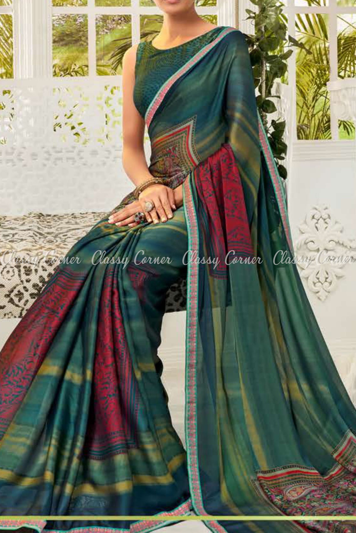 Vibrant Pine Green Red Border Paisley Print Rangoli Saree - Classy Corner