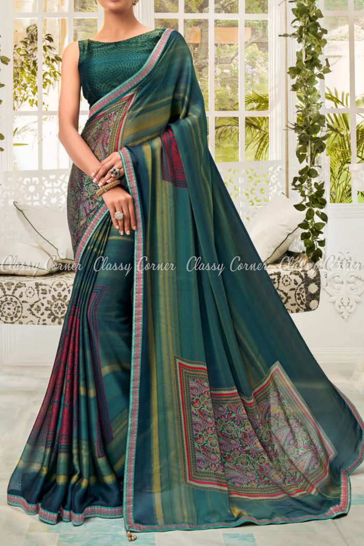 Vibrant Pine Green Red Border Paisley Print Rangoli Saree - Classy Corner