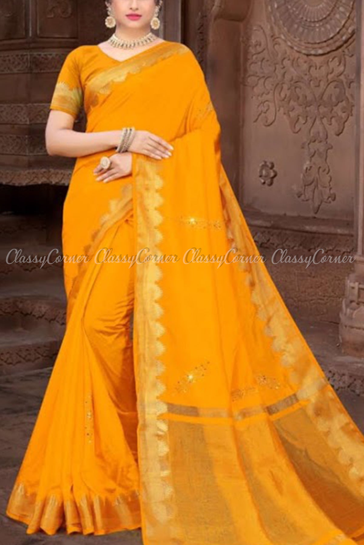 Vibrant Yellow Orange with Gold Border Vichitra Silk Saree - Classy Corner