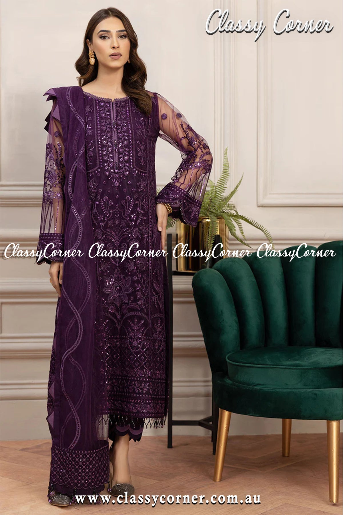 Violet Net Pakistani Salwar Kameez - Classy Corner