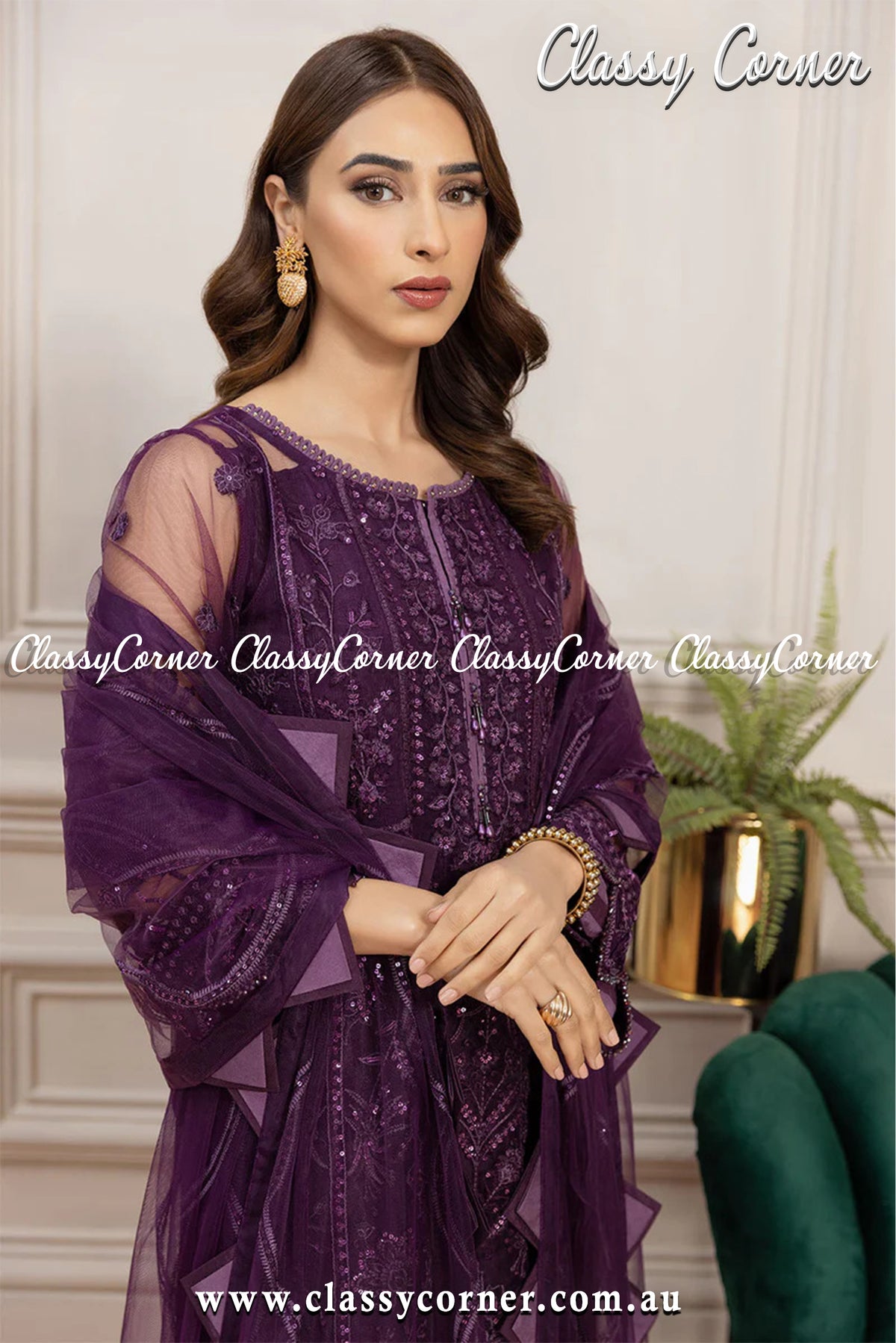 Violet Net Pakistani Salwar Kameez - Classy Corner