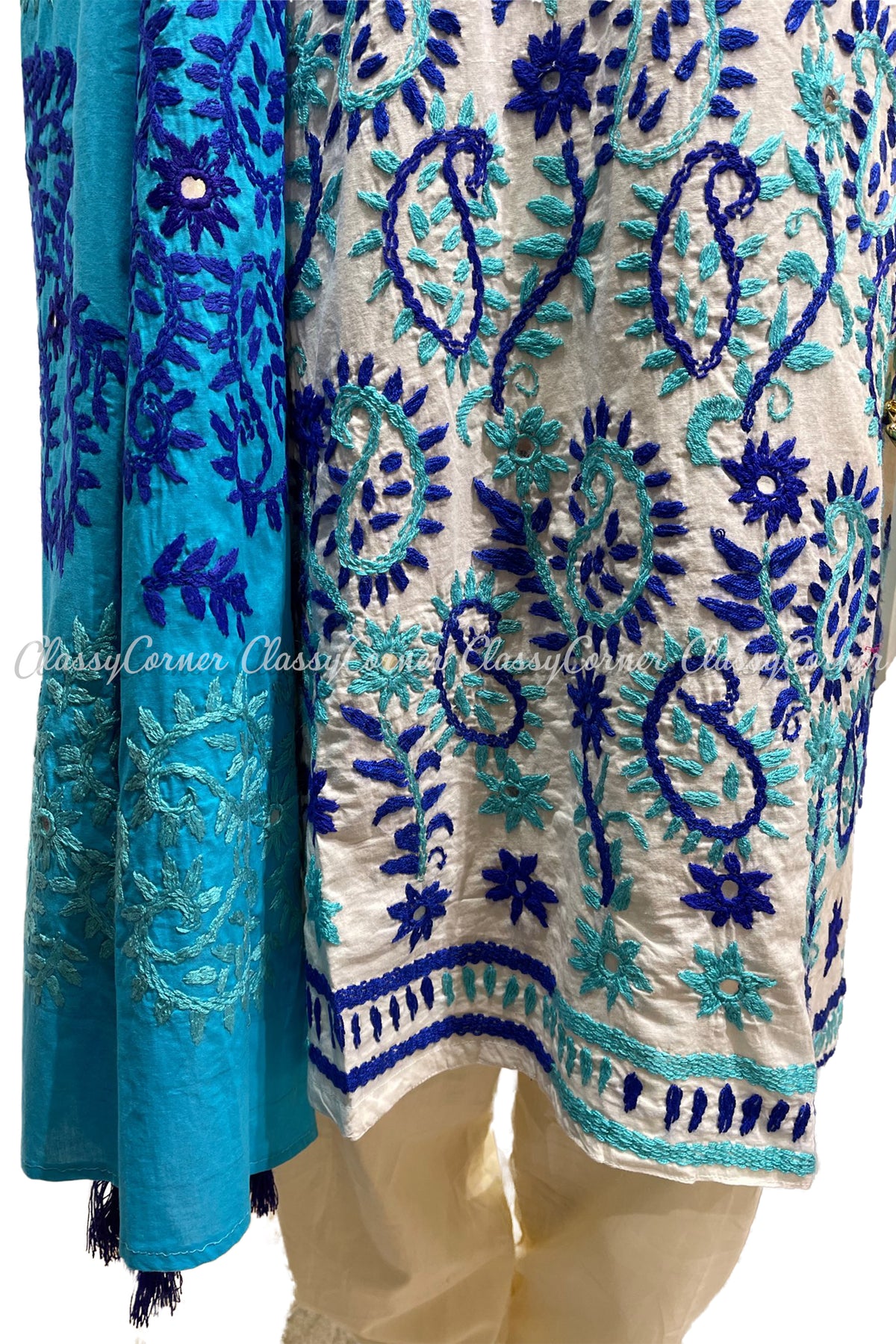 White Blue Hand Embroidered Cotton Salwar Kameez Set - Classy Corner