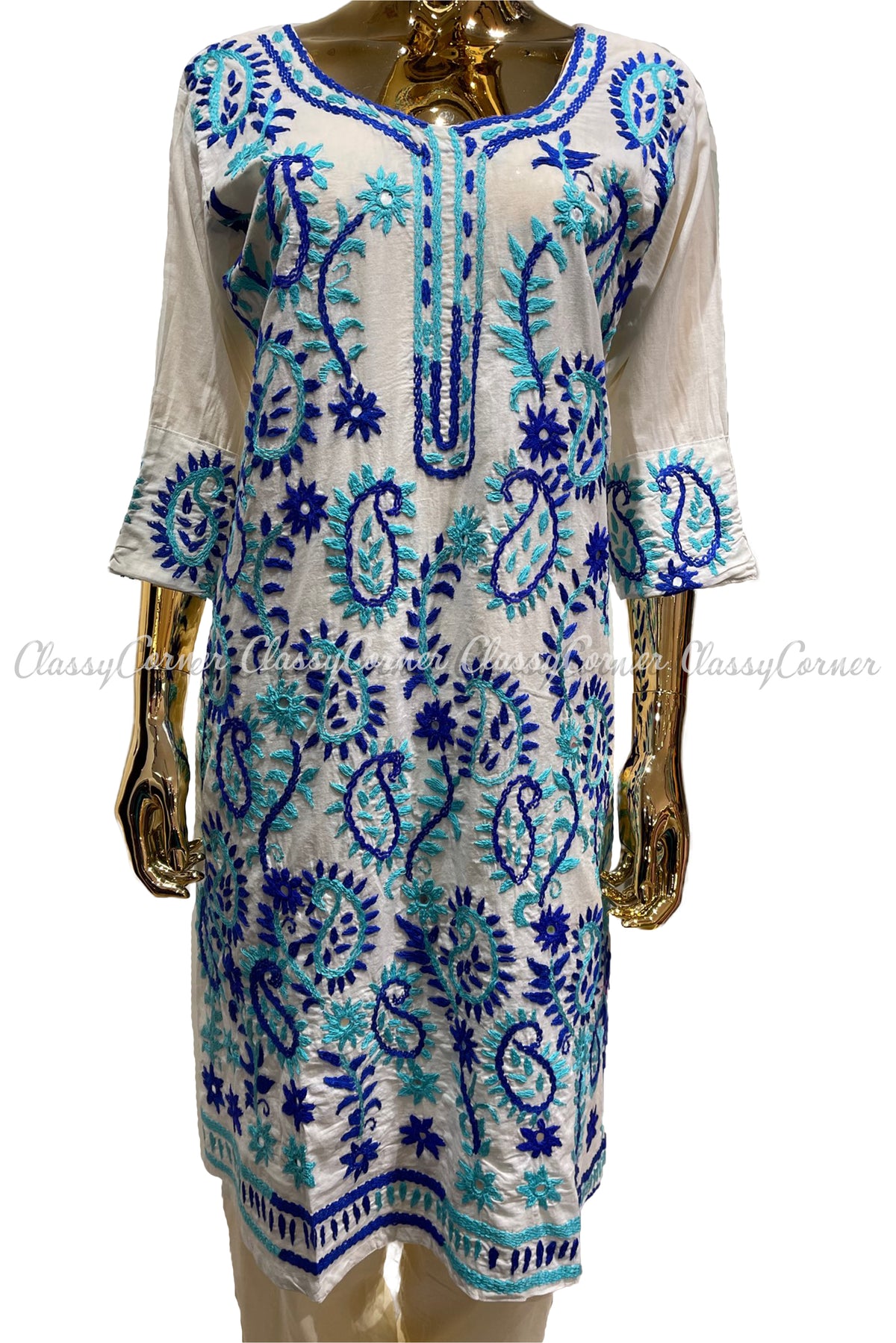 White Blue Hand Embroidered Cotton Salwar Kameez Set - Classy Corner