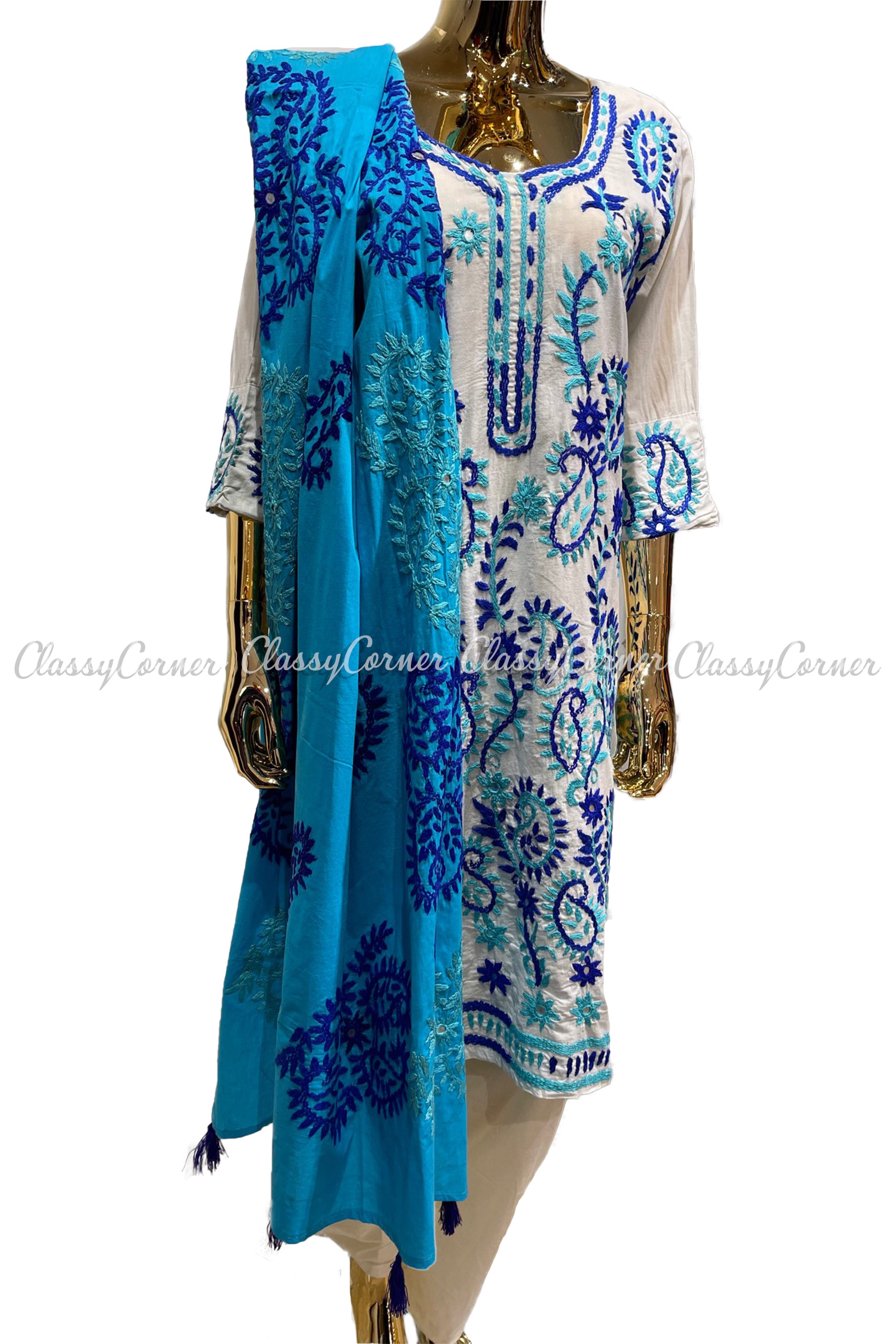 White Blue Hand Embroidered Cotton Salwar Kameez Set - Classy Corner