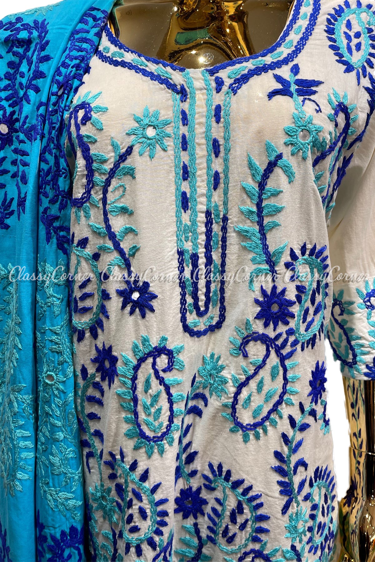 White Blue Hand Embroidered Cotton Salwar Kameez Set - Classy Corner