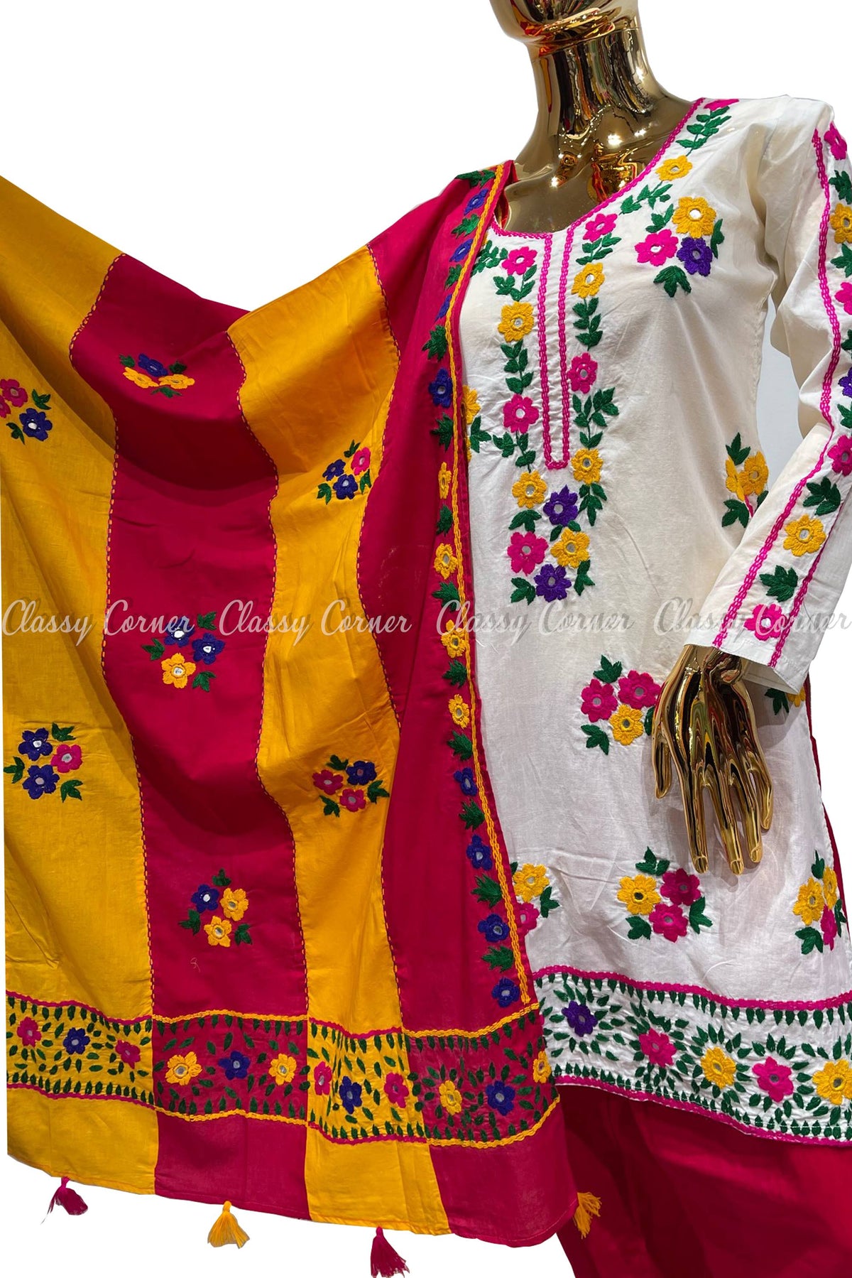 White Magenta Hand Embroidered Cotton Salwar Kameez Suit - Classy Corner