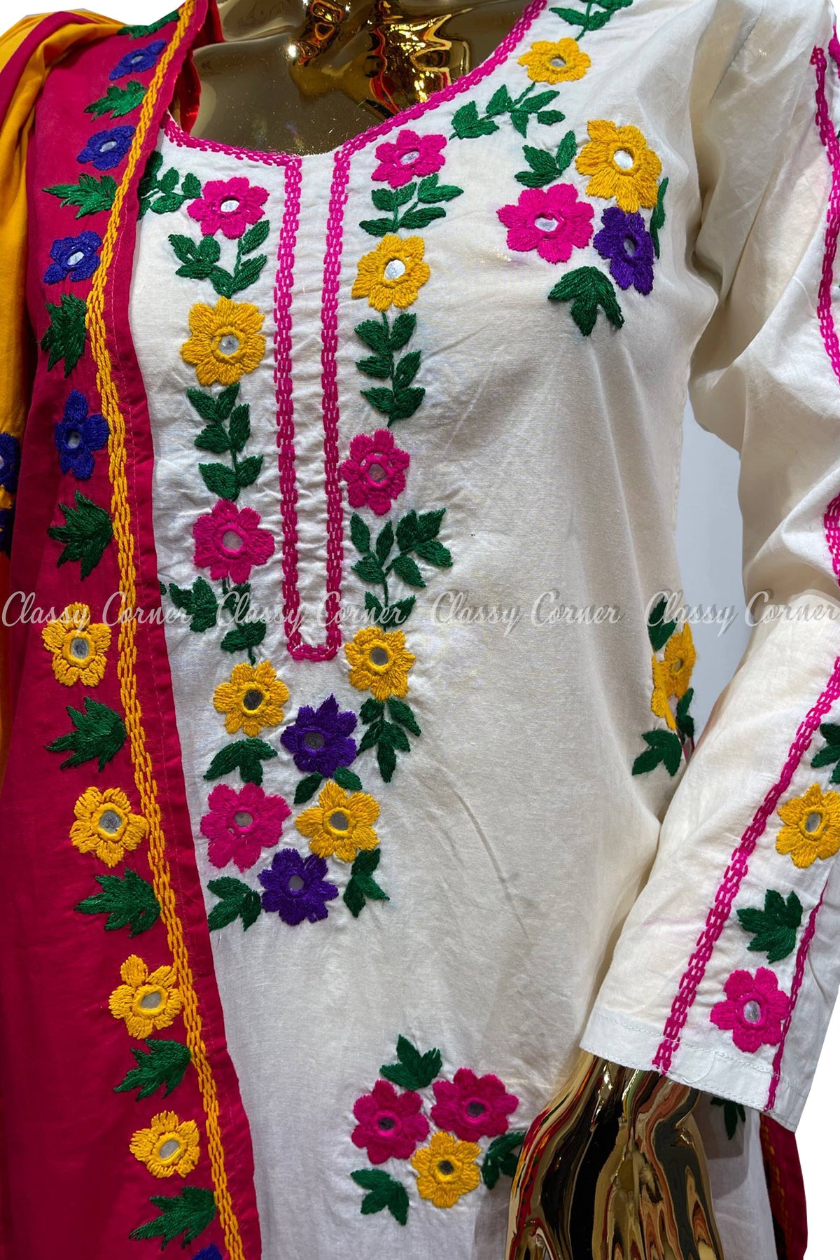 White Magenta Hand Embroidered Cotton Salwar Kameez Suit - Classy Corner