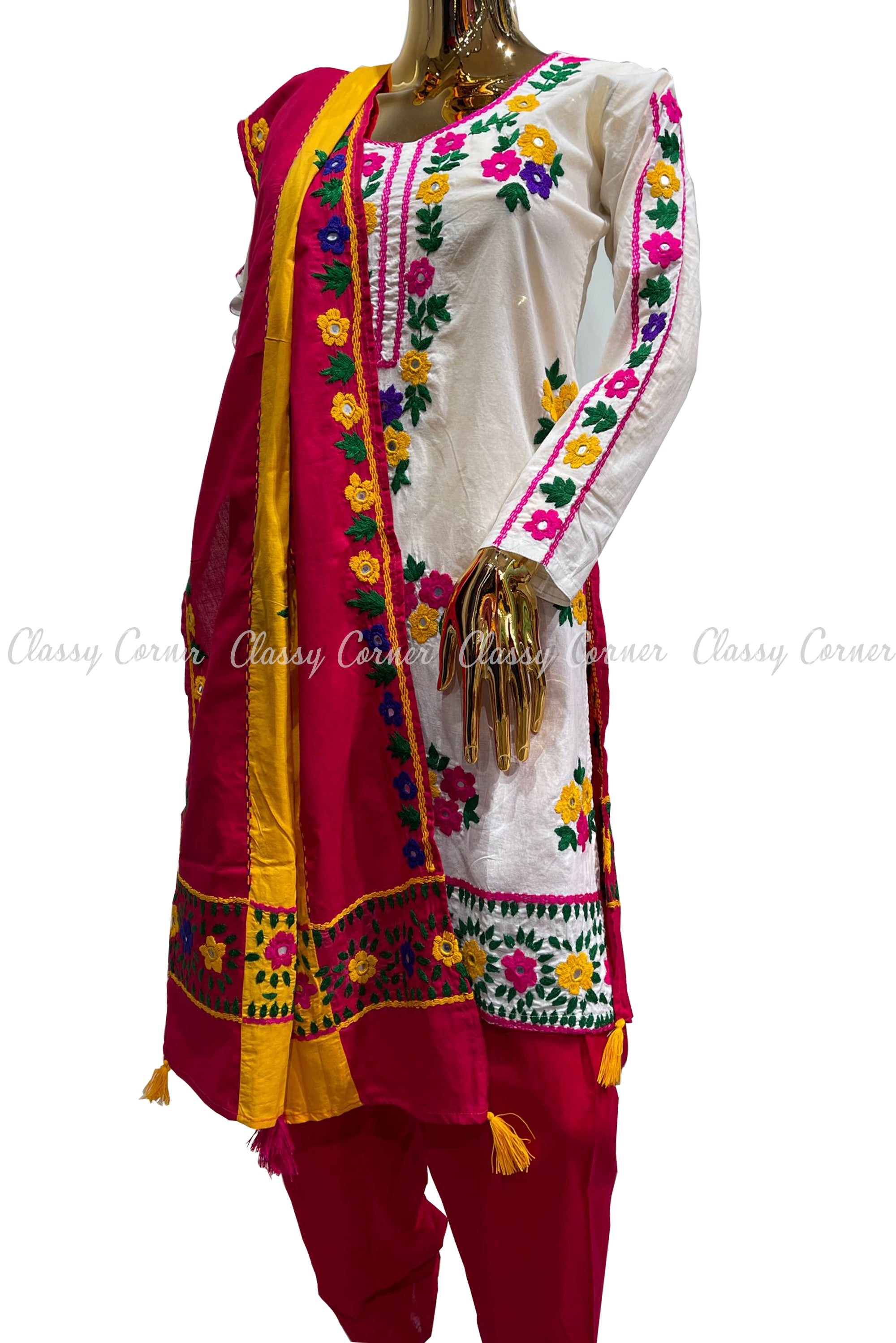 White Magenta Hand Embroidered Cotton Salwar Kameez Suit - Classy Corner