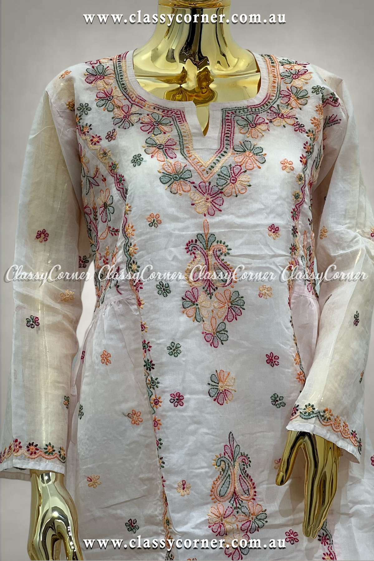 White Multicolour Hand Embroidered Dress - Classy Corner