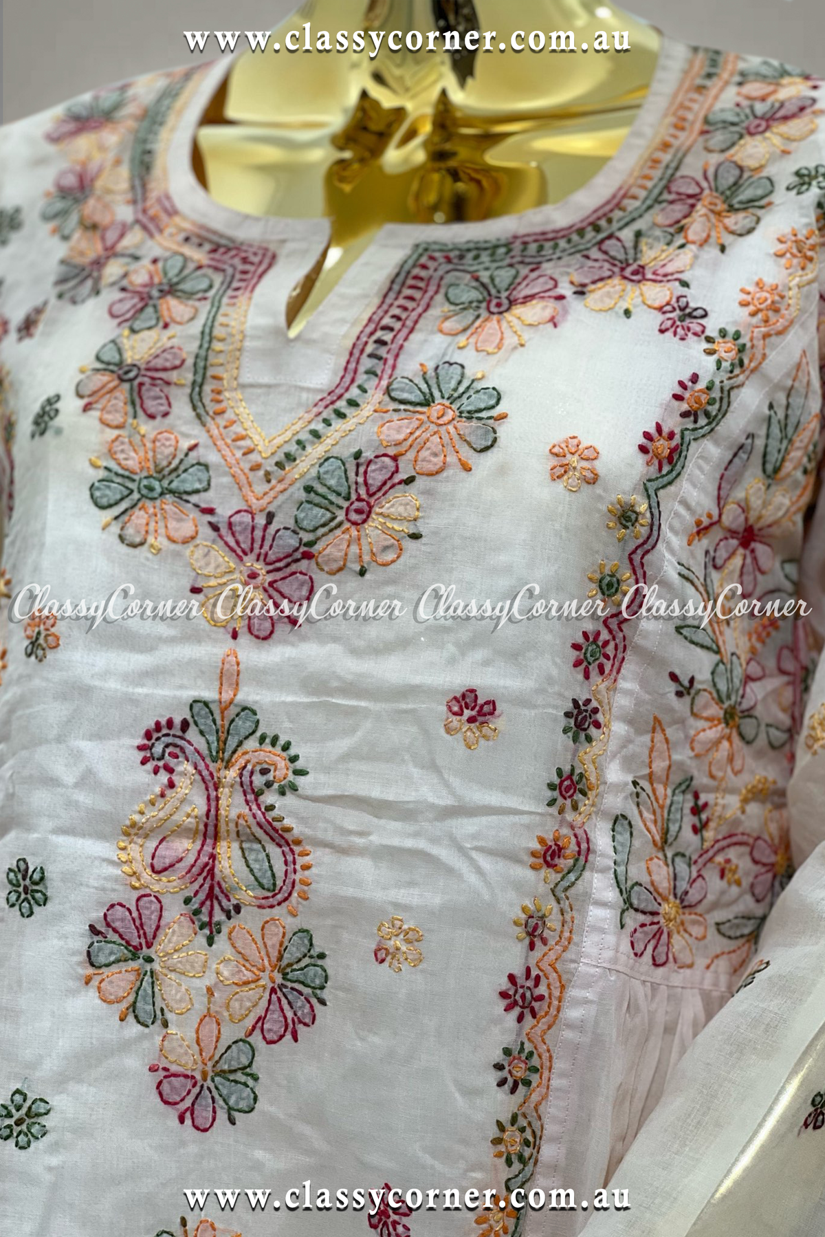 White Multicolour Hand Embroidered Dress - Classy Corner