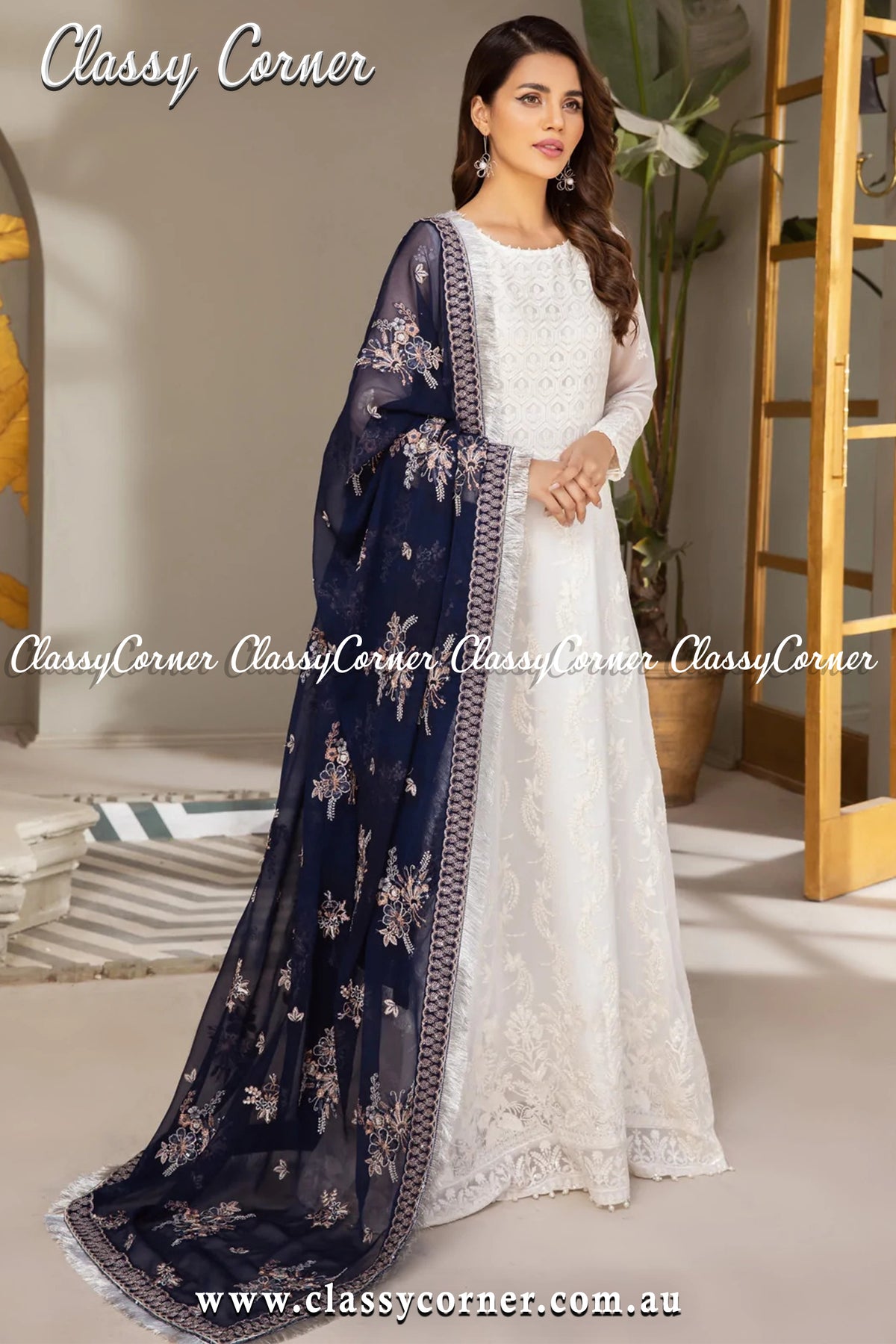 White Navy Blue Chiffon Embroidered Maxi Suit Outfits - Classy Corner