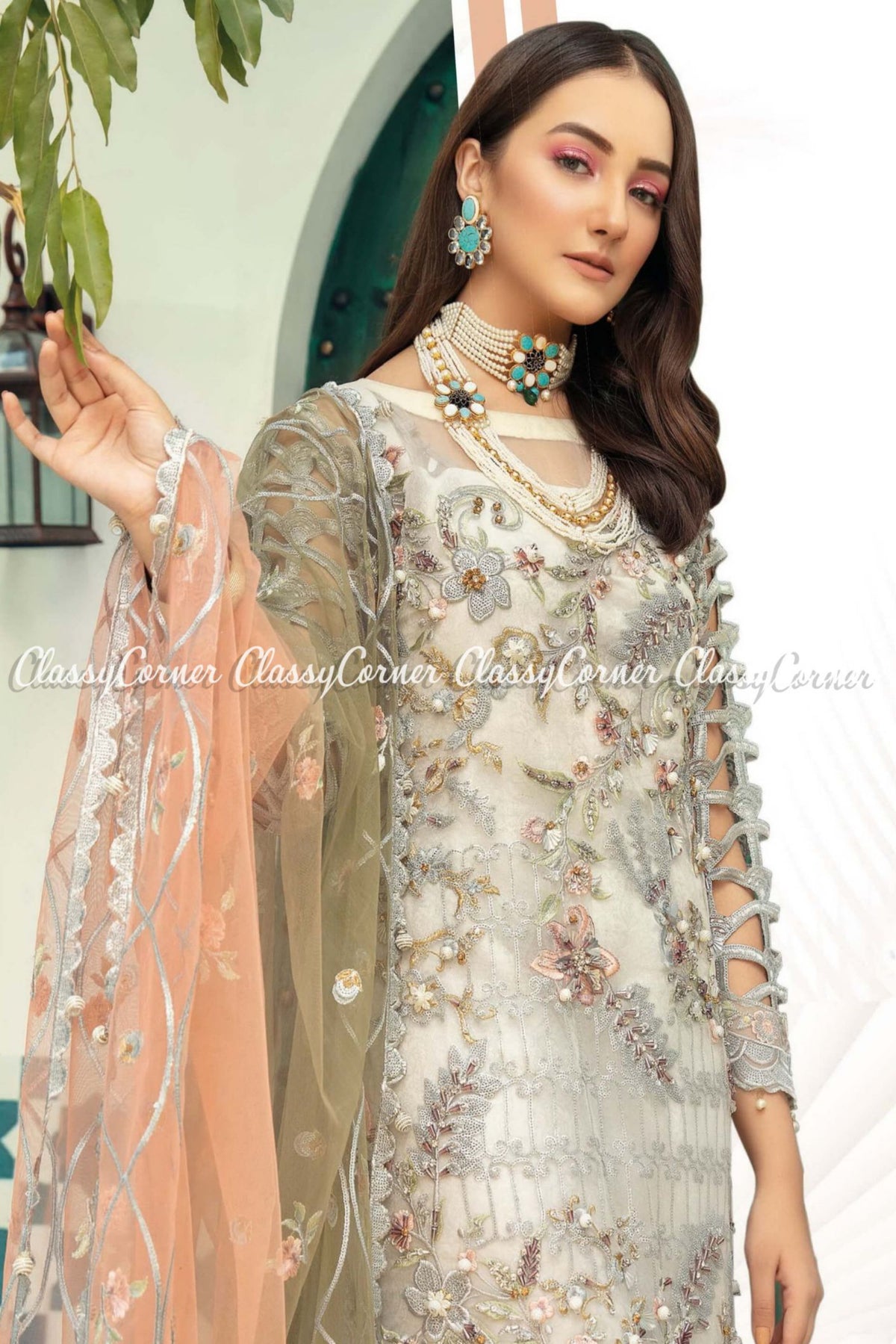 White Peach Organza Pakistani Salwar Kameez