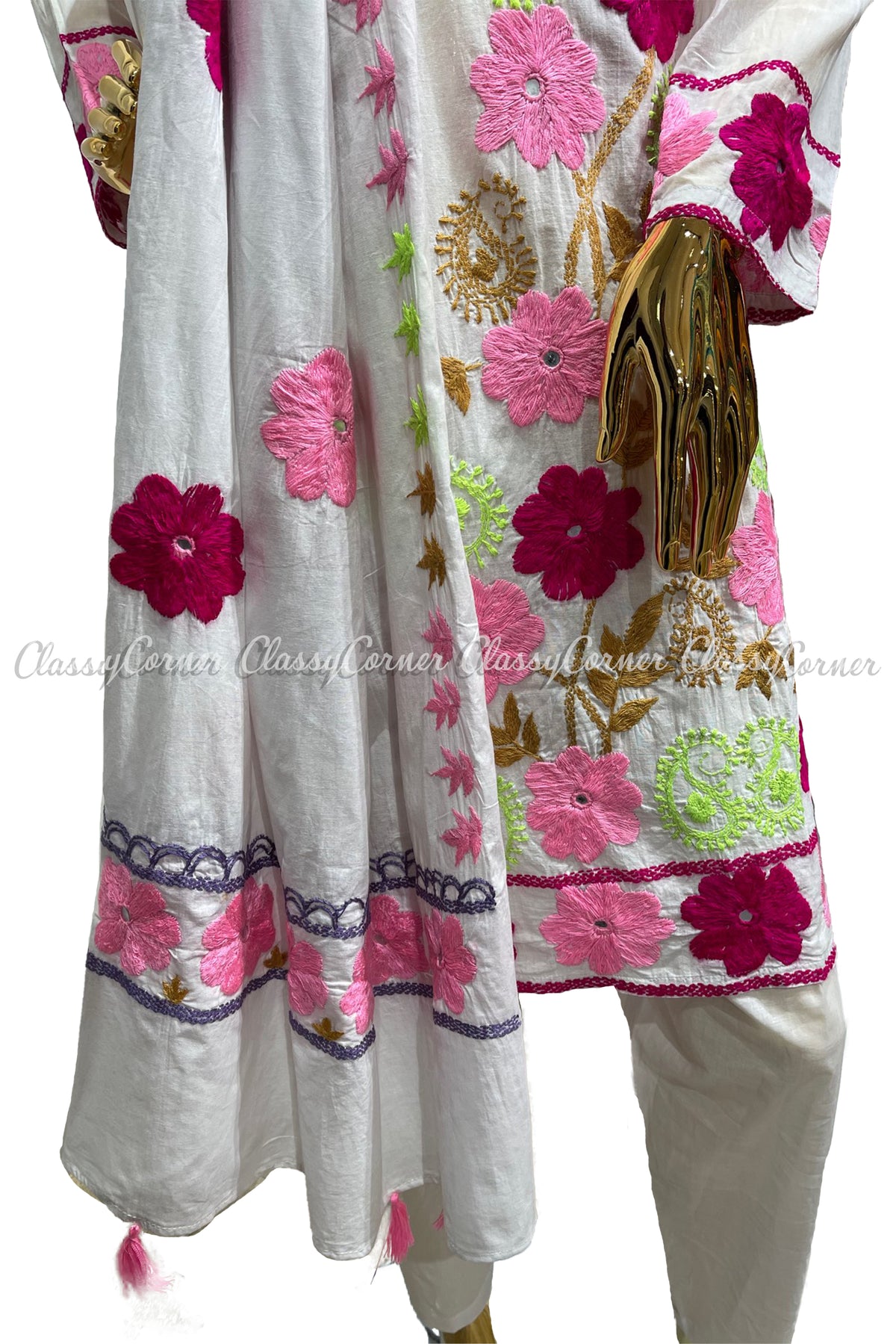 White Pink Hand Embroidered Cotton Salwar Kameez Set - Classy Corner