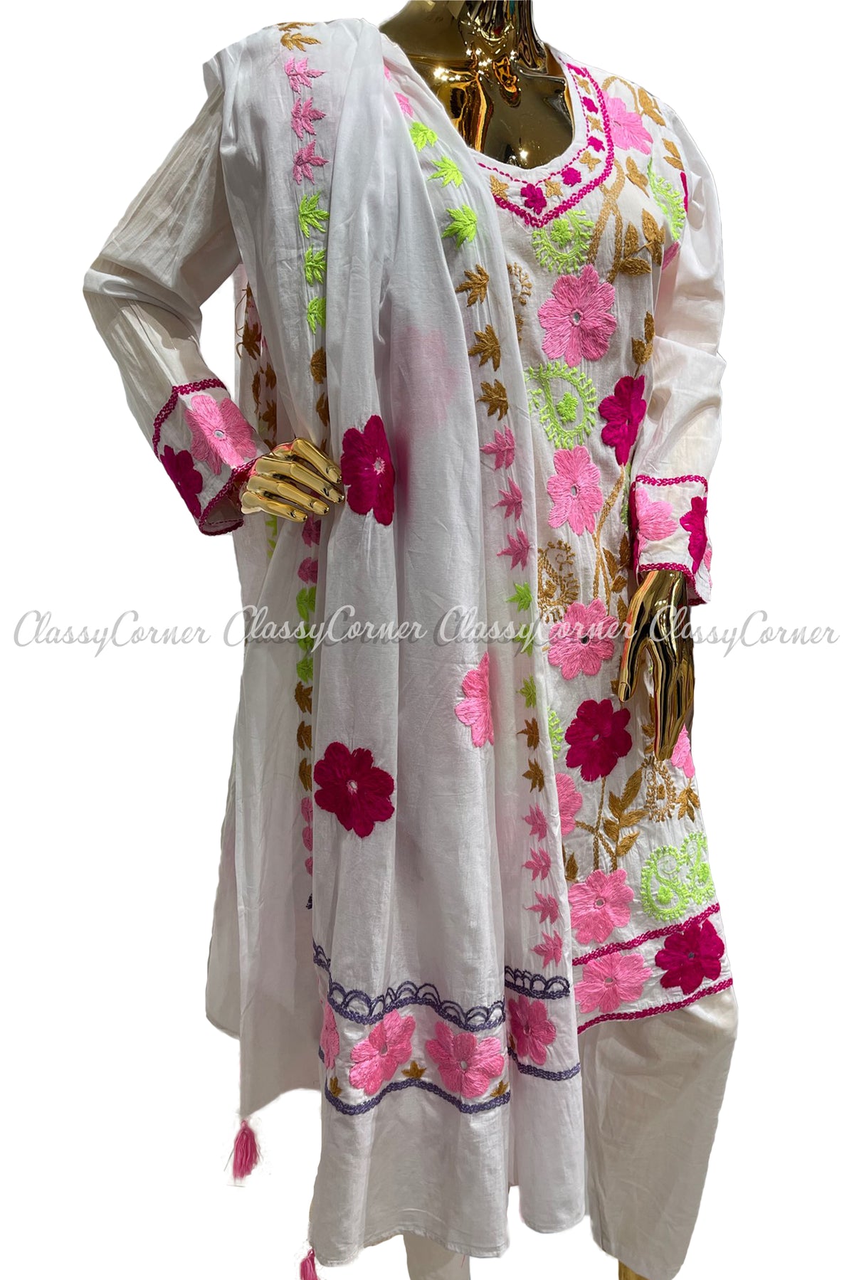 White Pink Hand Embroidered Cotton Salwar Kameez Set - Classy Corner