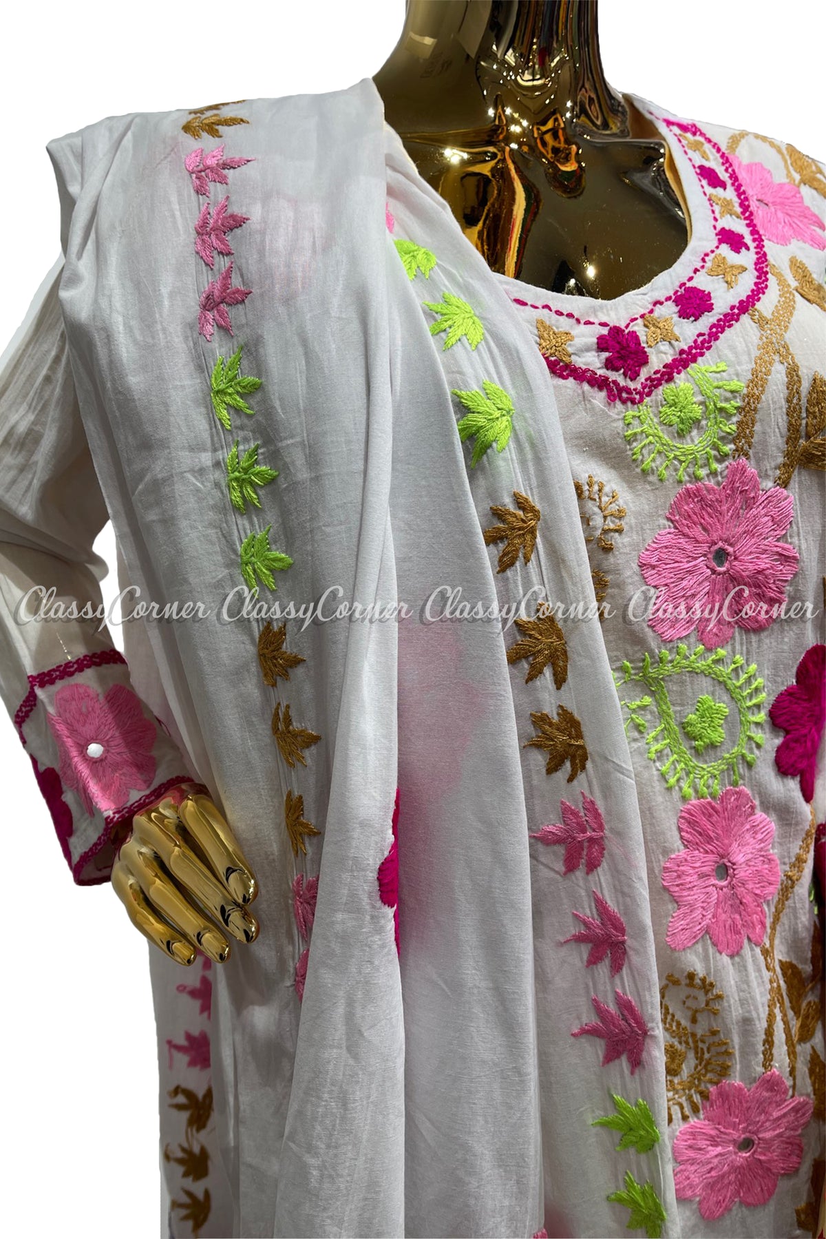 White Pink Hand Embroidered Cotton Salwar Kameez Set - Classy Corner