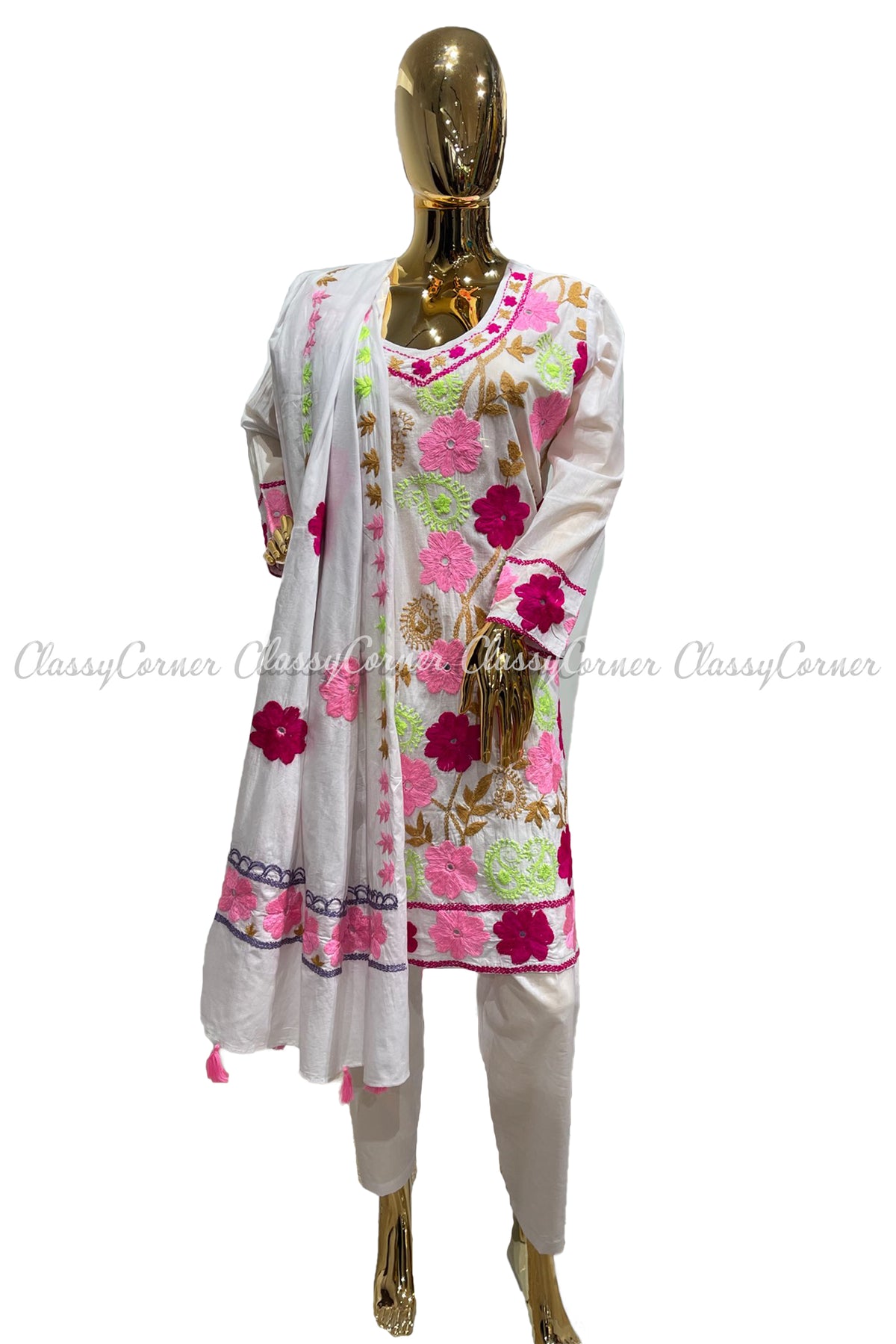 White Pink Hand Embroidered Cotton Salwar Kameez Set - Classy Corner