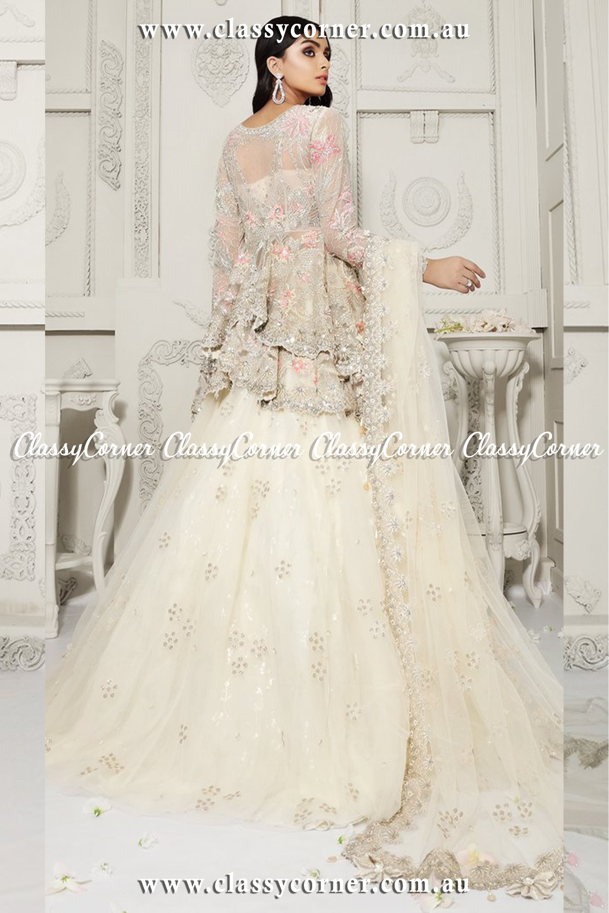 White Pink Net Bridal Lehenga - Classy Corner