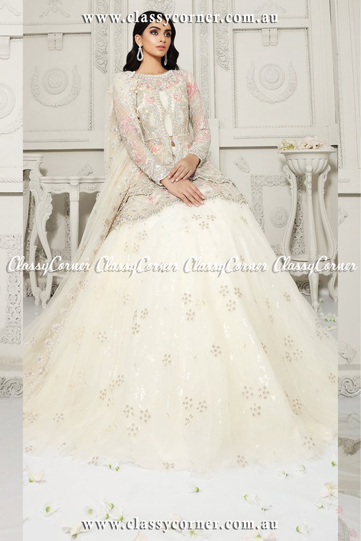 White Pink Net Bridal Lehenga - Classy Corner