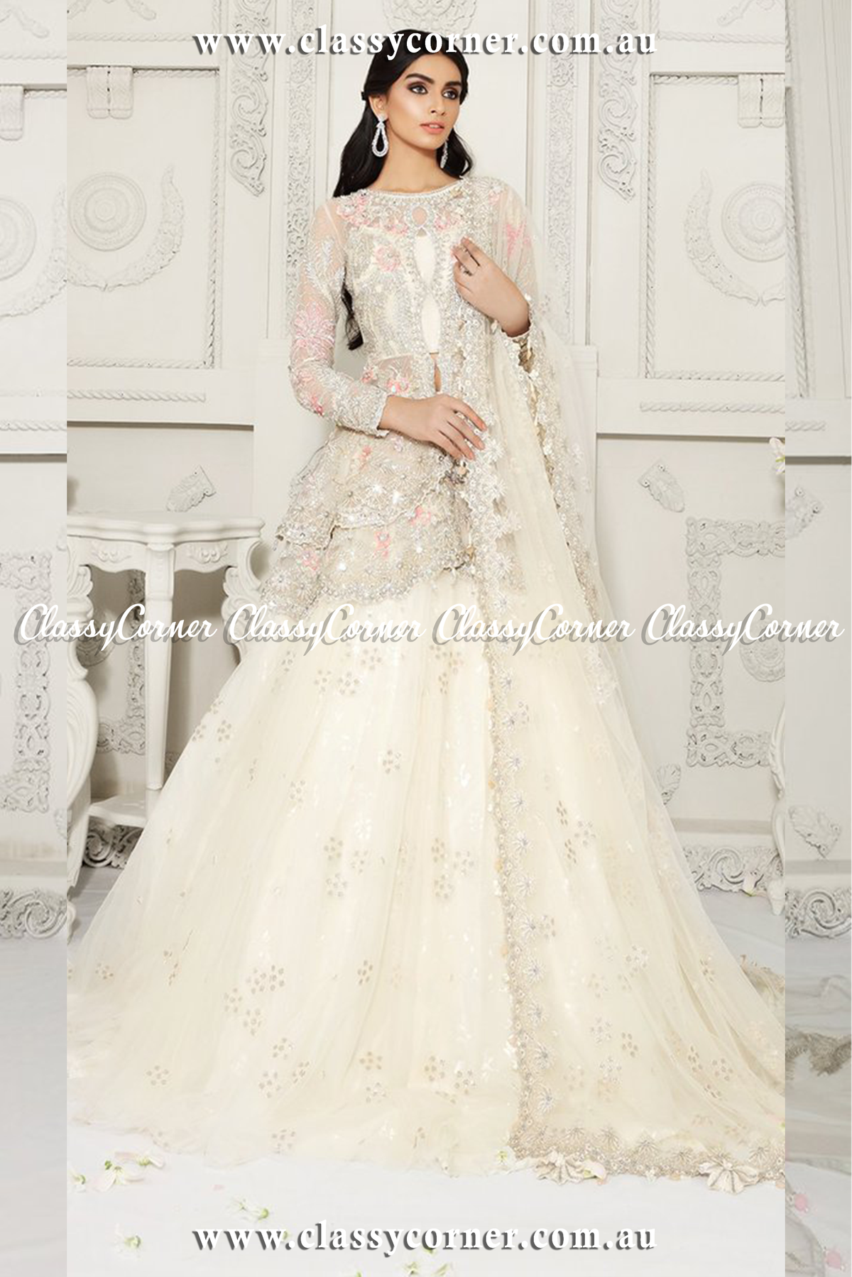 White Pink Net Bridal Lehenga - Classy Corner