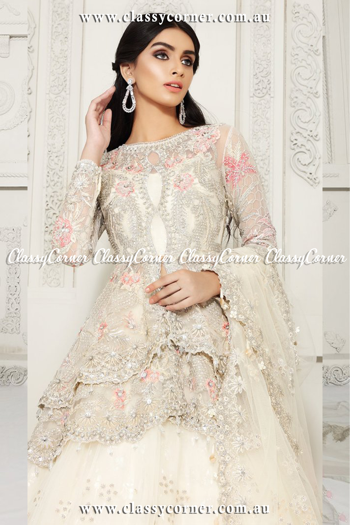 White Pink Net Bridal Lehenga - Classy Corner