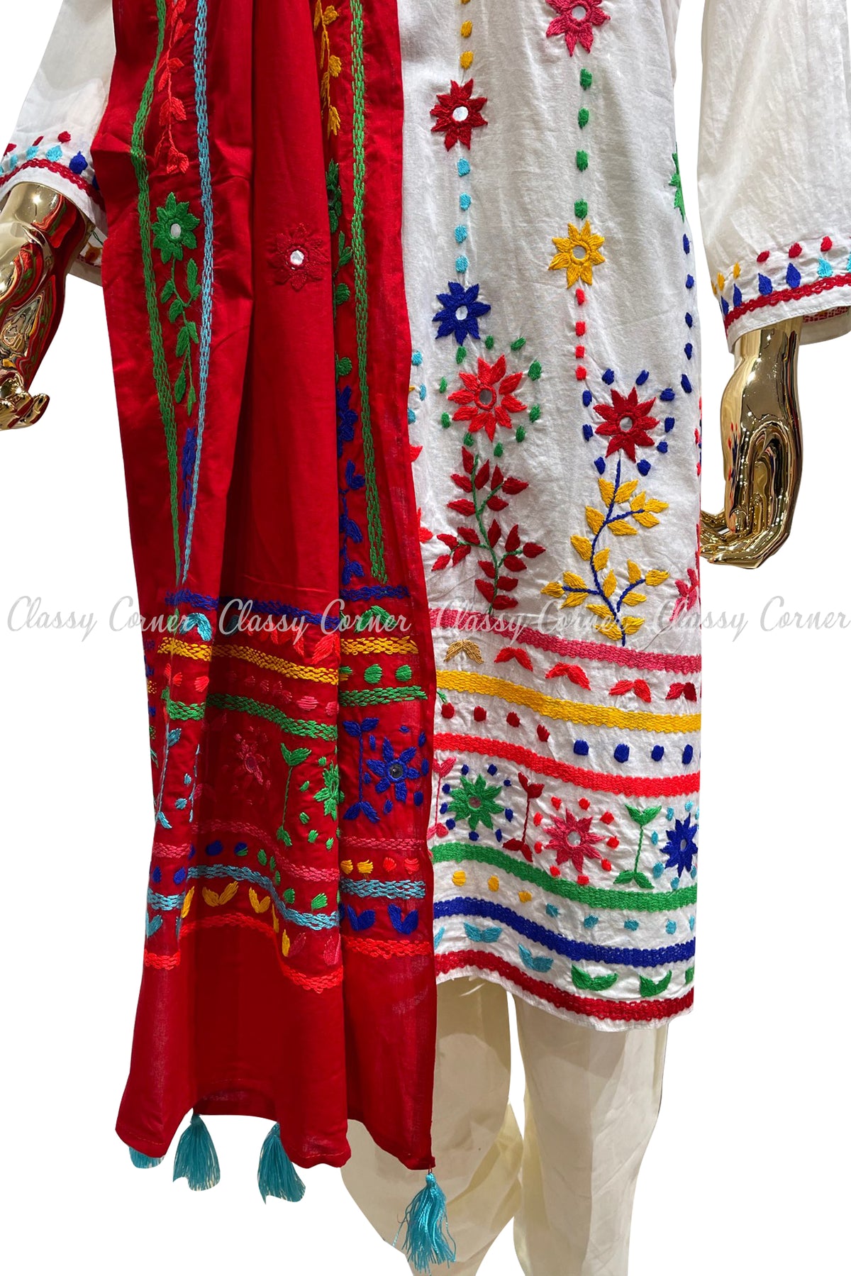 White Red Hand Embroidered Cotton Salwar Kameez Set - Classy Corner