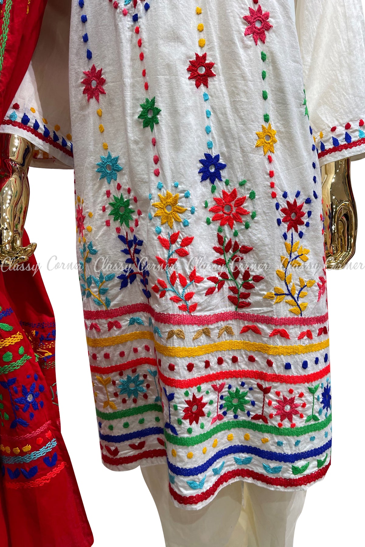 White Red Hand Embroidered Cotton Salwar Kameez Set - Classy Corner