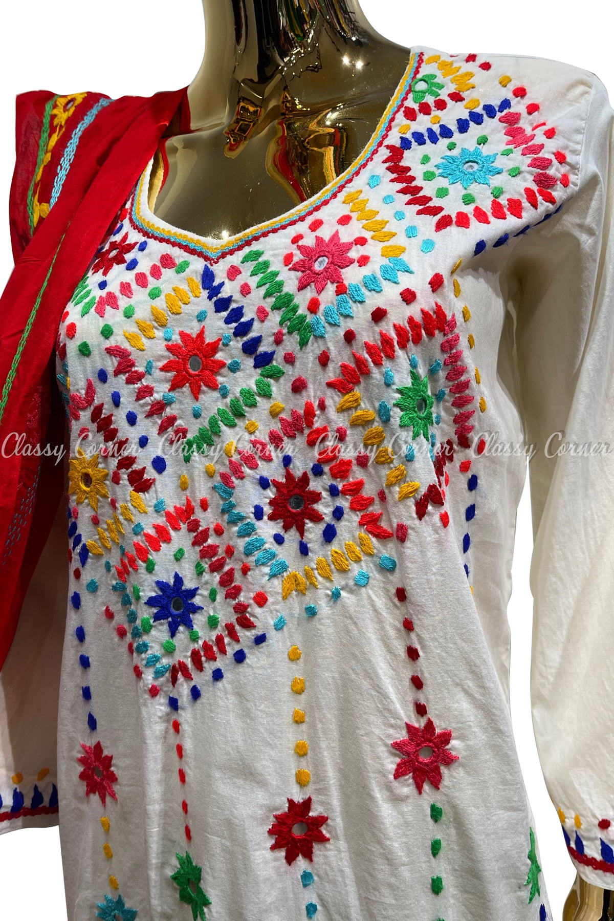 White Red Hand Embroidered Cotton Salwar Kameez Set - Classy Corner