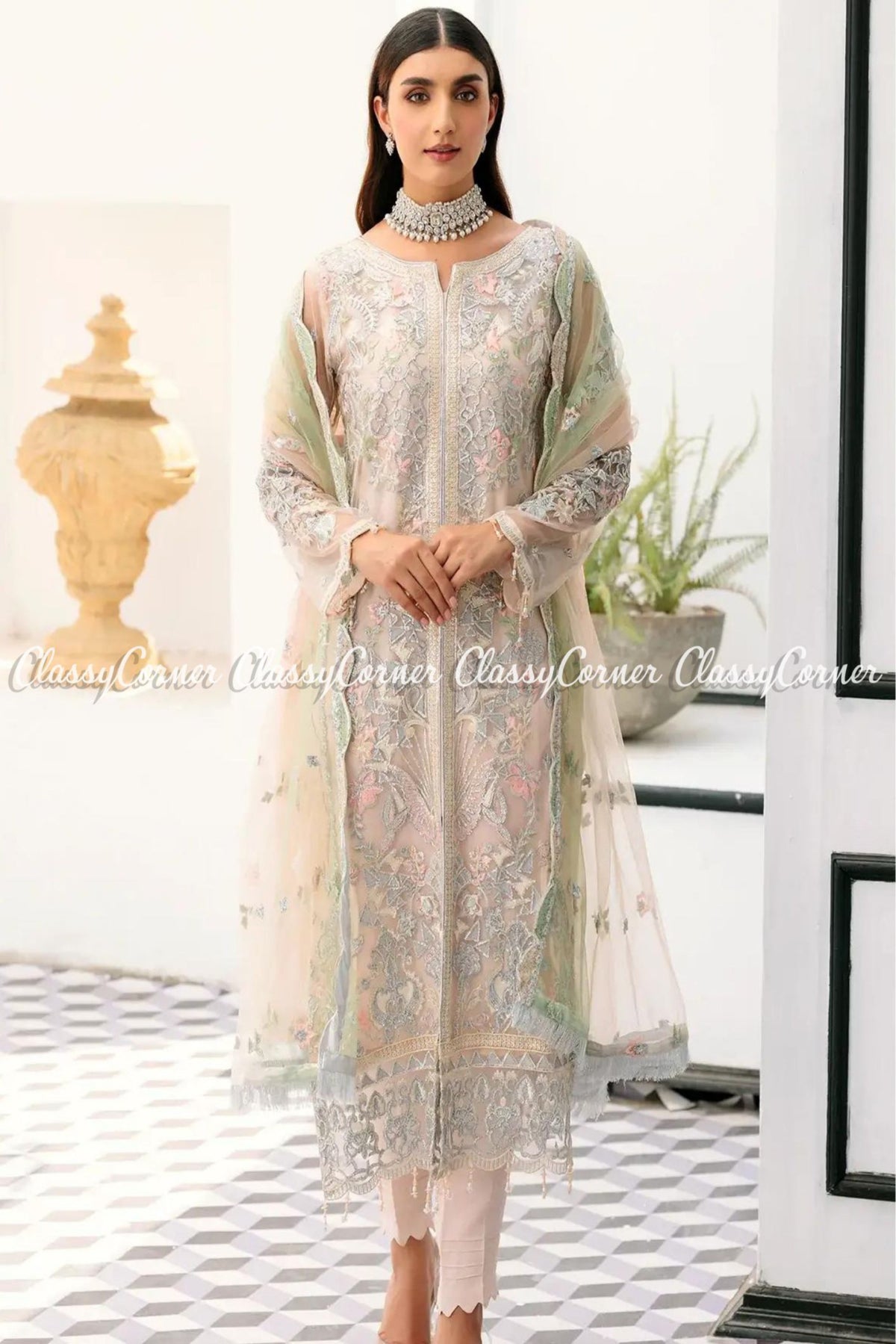 Grey Silver Net Embroidered Pakistani Salwar Kameez