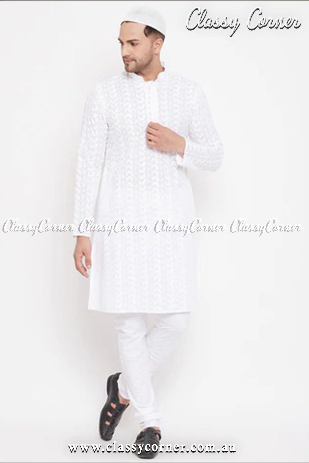 Men&#39;s White Chikankari Pure Cotton Kurta Pyjama Set - Classy Corner