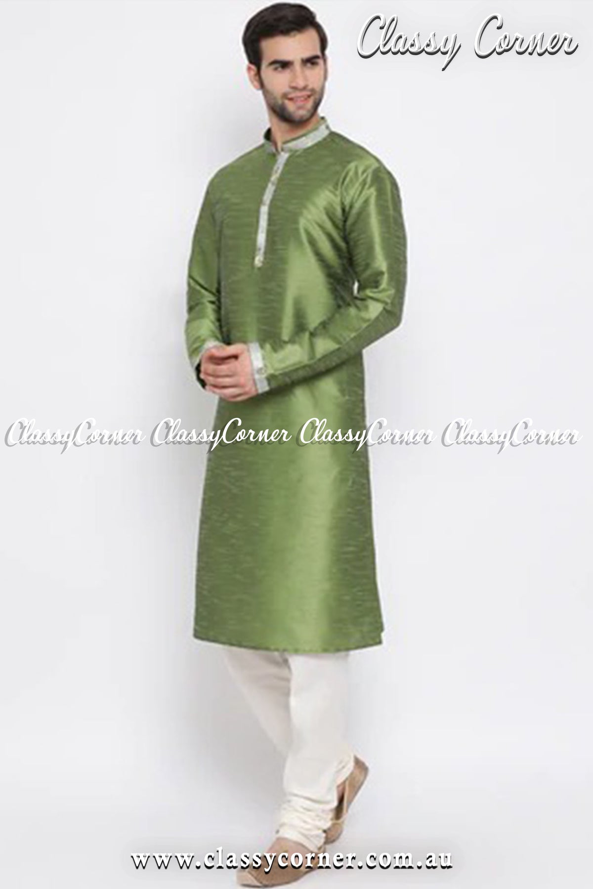 Men&#39;s Green Silk Kurta Pyjama Set - Classy Corner