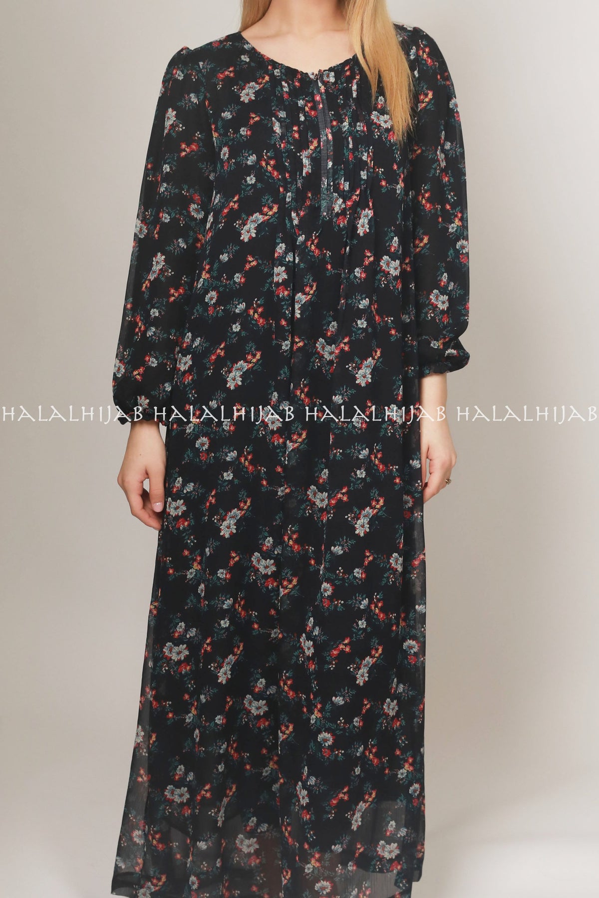 Black Red Floral Full Sleeve Long Dress - Classy Corner