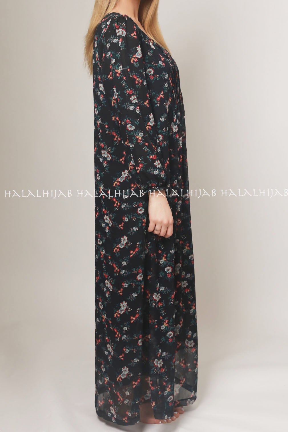 Black Red Floral Full Sleeve Long Dress - Classy Corner