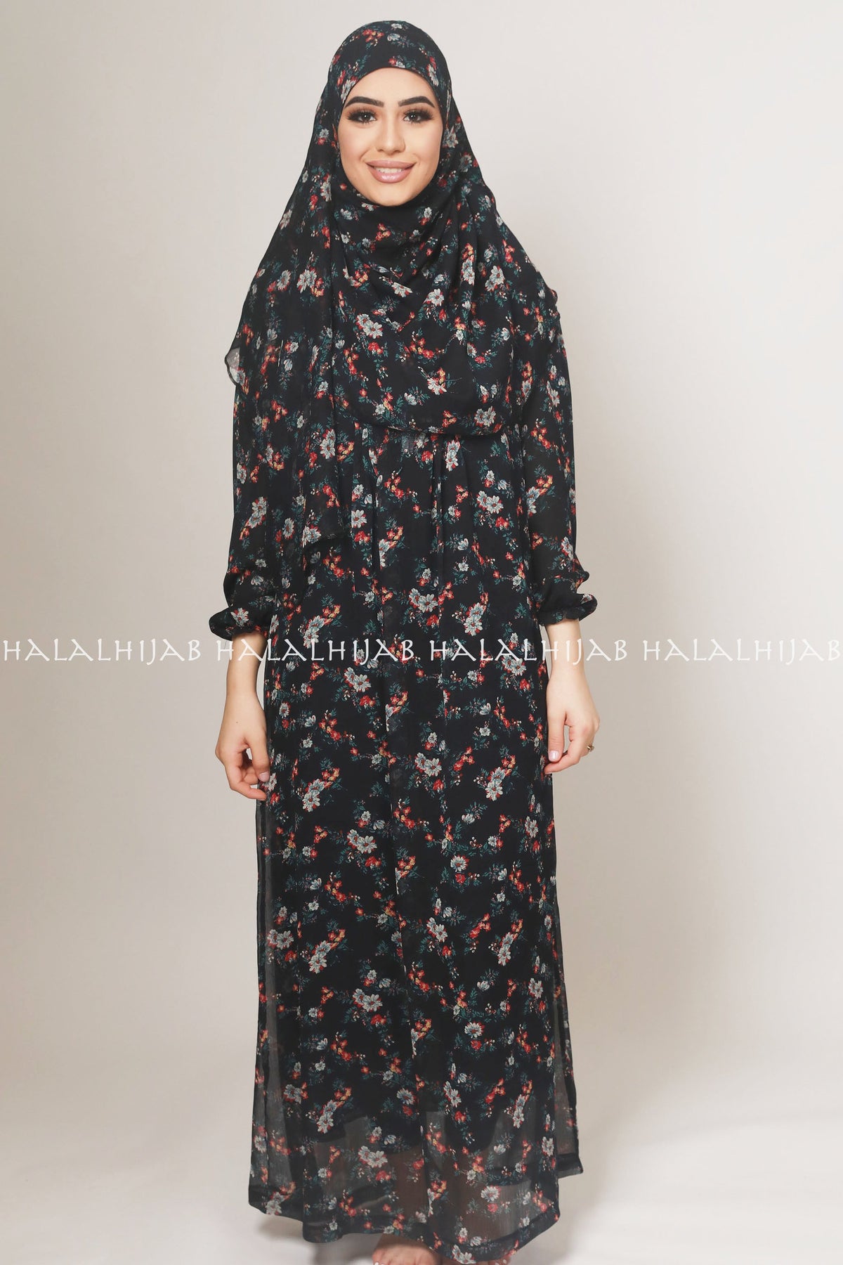 Black Red Floral Full Sleeve Long Dress - Classy Corner