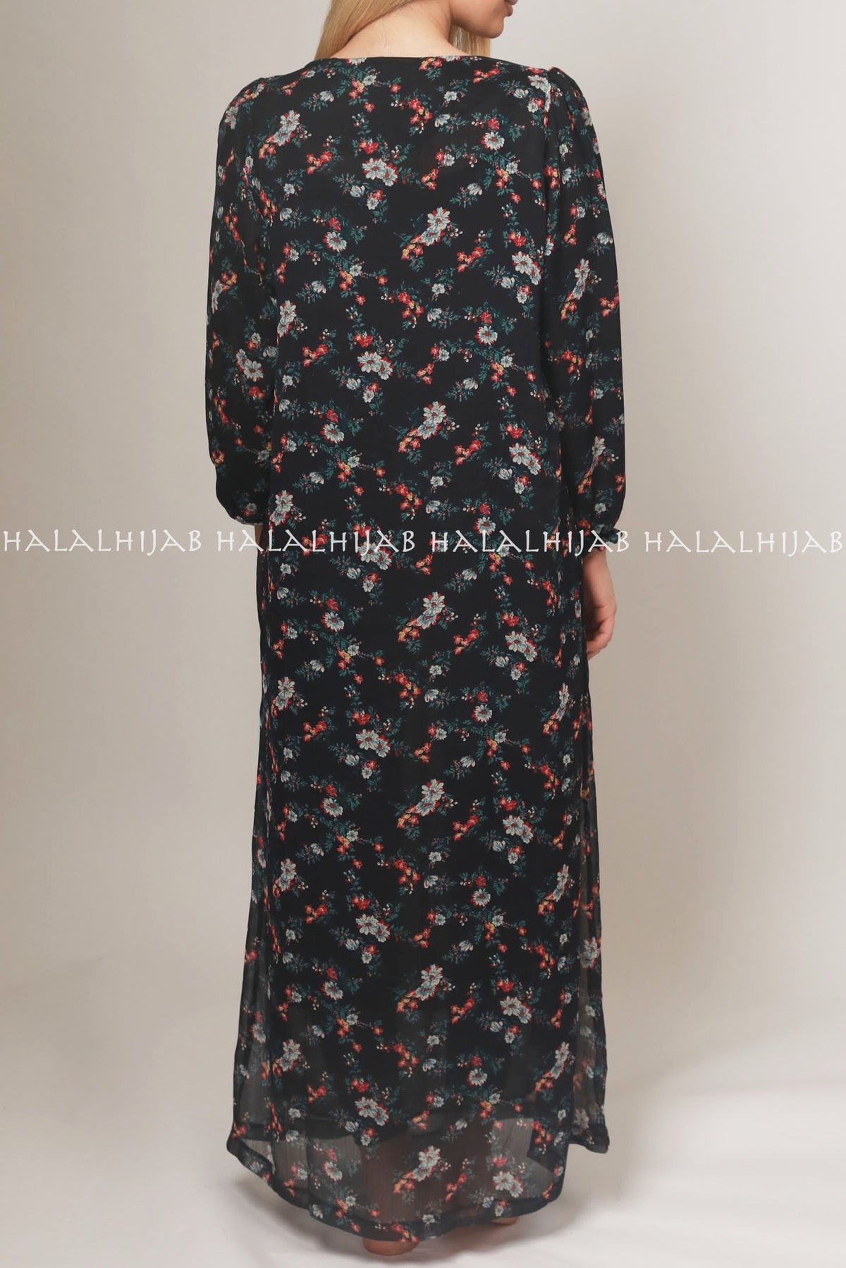 Black Red Floral Full Sleeve Long Dress - Classy Corner