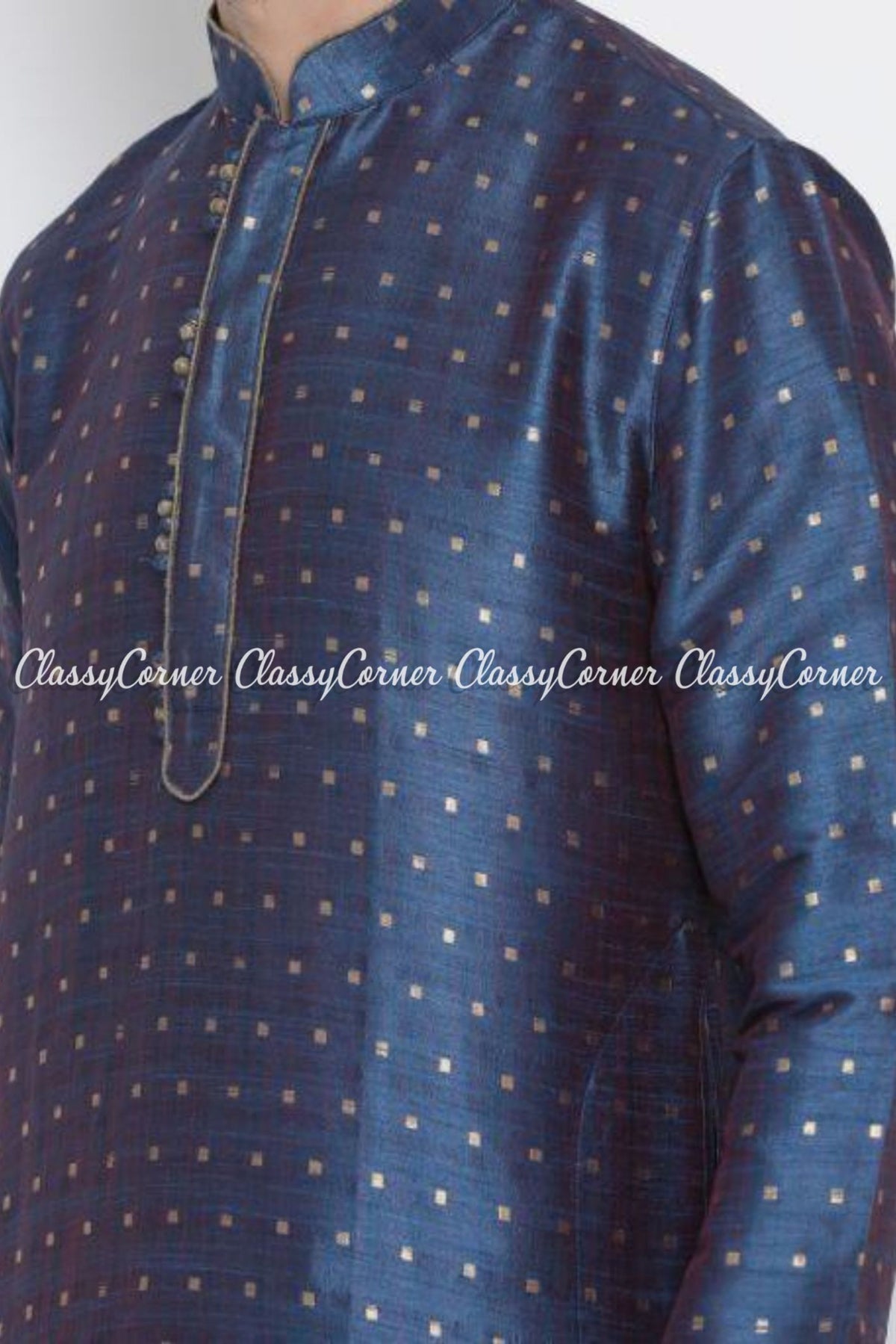 Blue Golden Cotton Silk Festive Wear Kurta