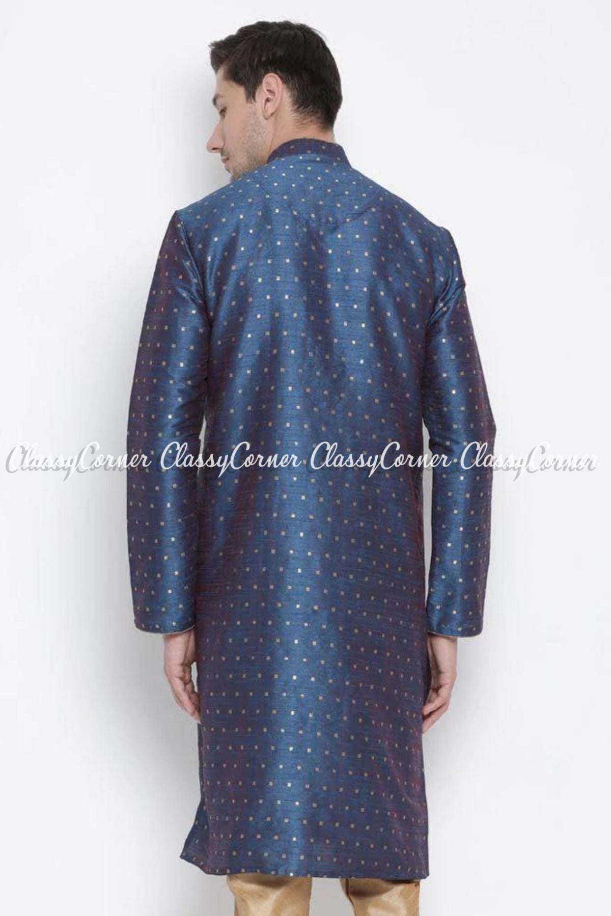 Blue Golden Cotton Silk Festive Wear Kurta