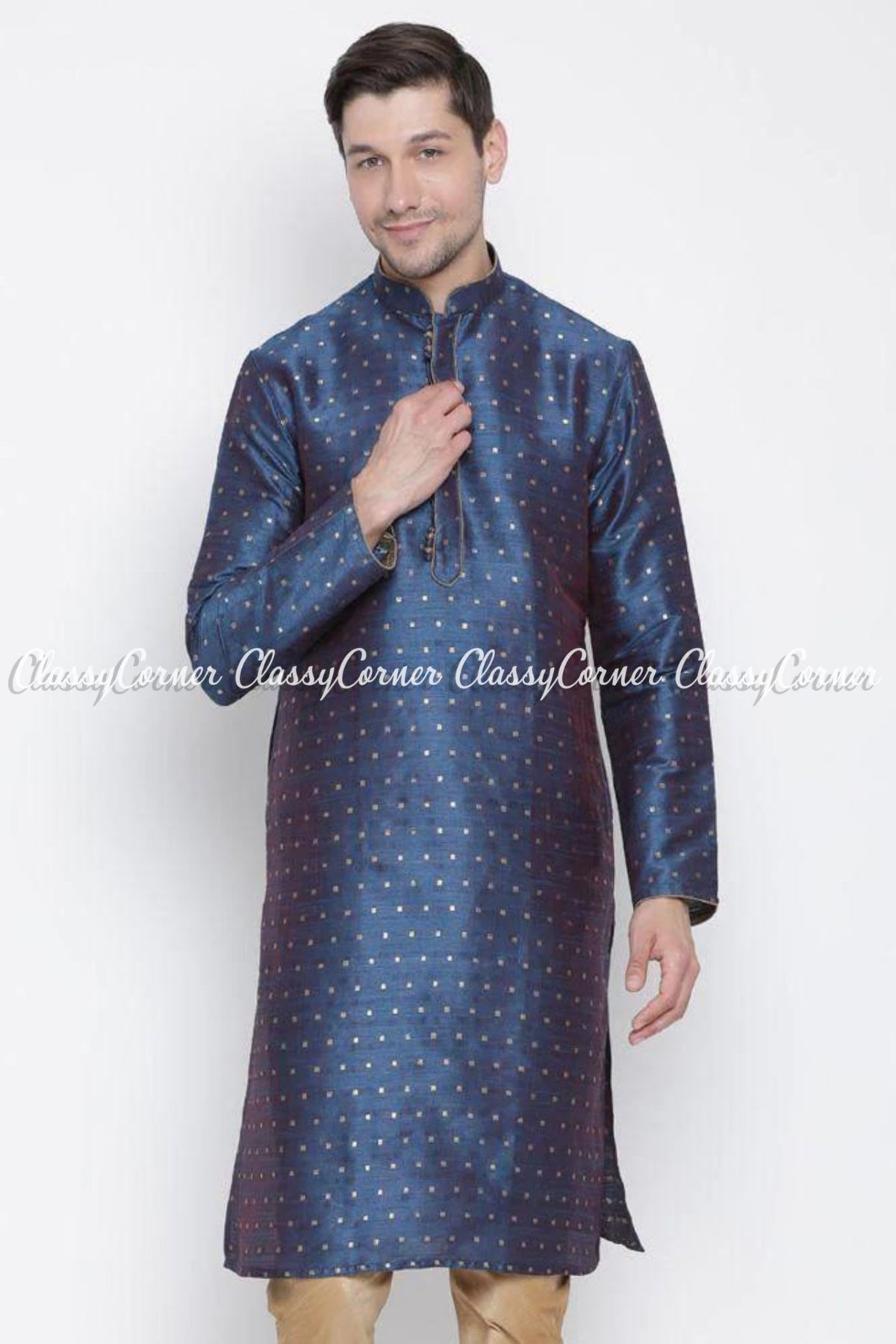 Blue Golden Cotton Silk Festive Wear Kurta