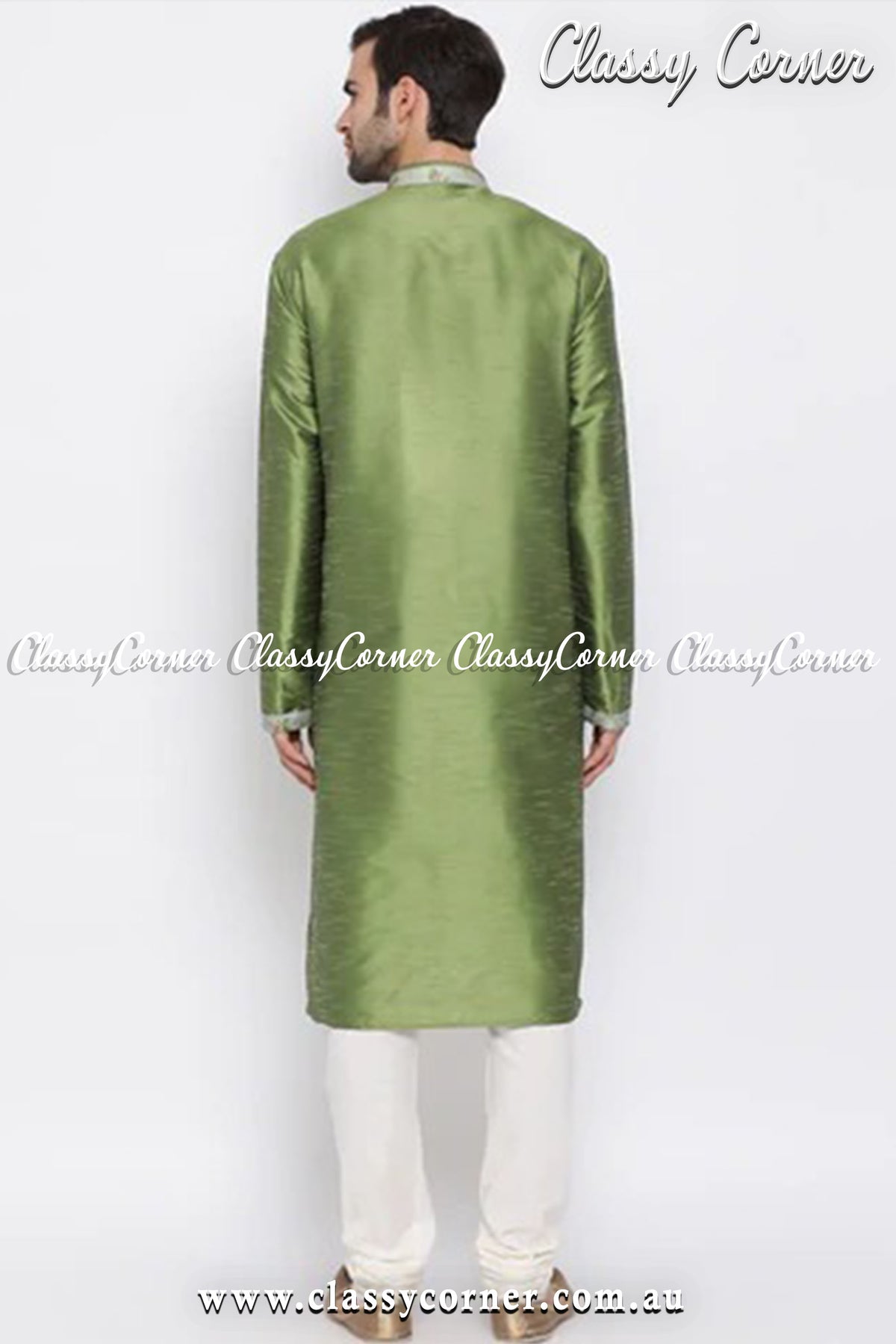 Men&#39;s Green Silk Kurta Pyjama Set - Classy Corner