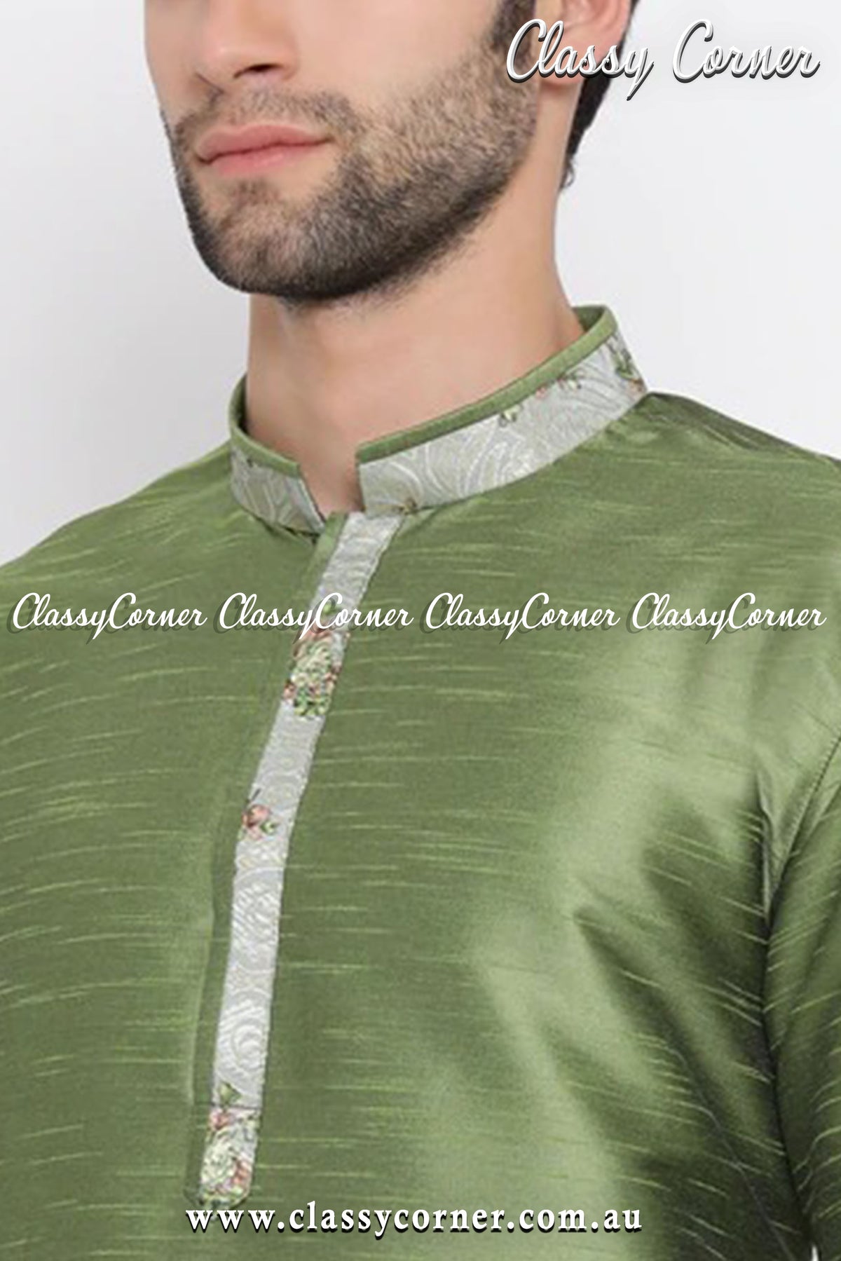 Men&#39;s Green Silk Kurta Pyjama Set - Classy Corner