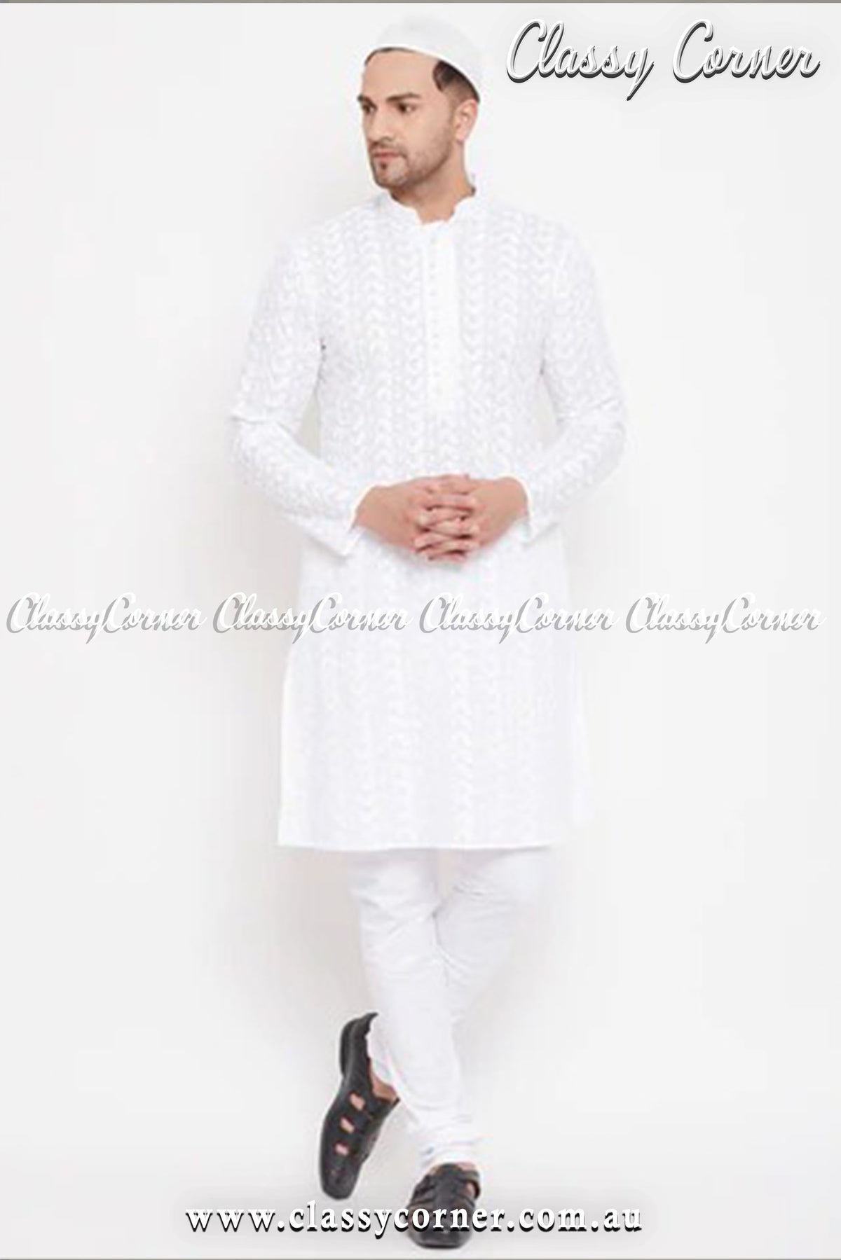 Men&#39;s White Chikankari Pure Cotton Kurta Pyjama Set - Classy Corner