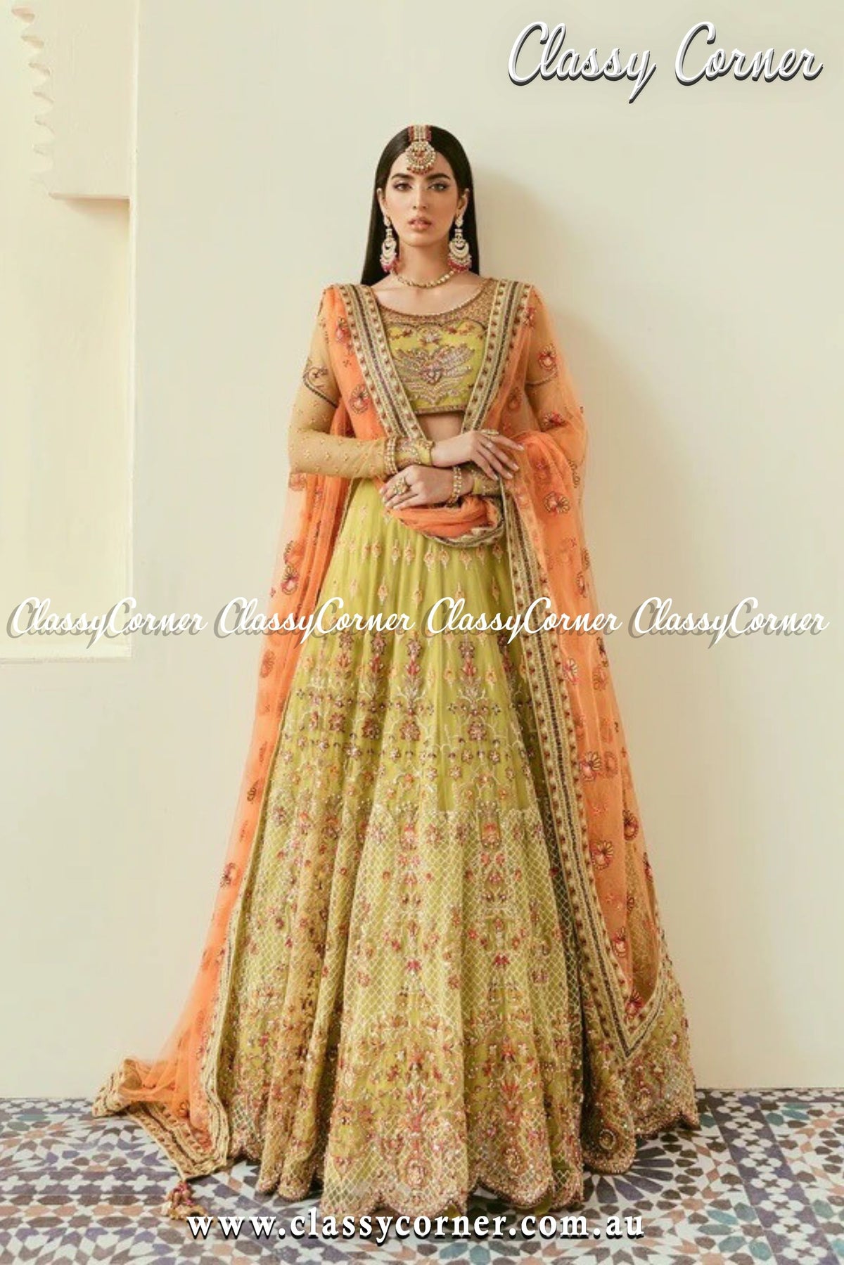 Green Orange Pakistani Wedding Lehenga - Classy Corner