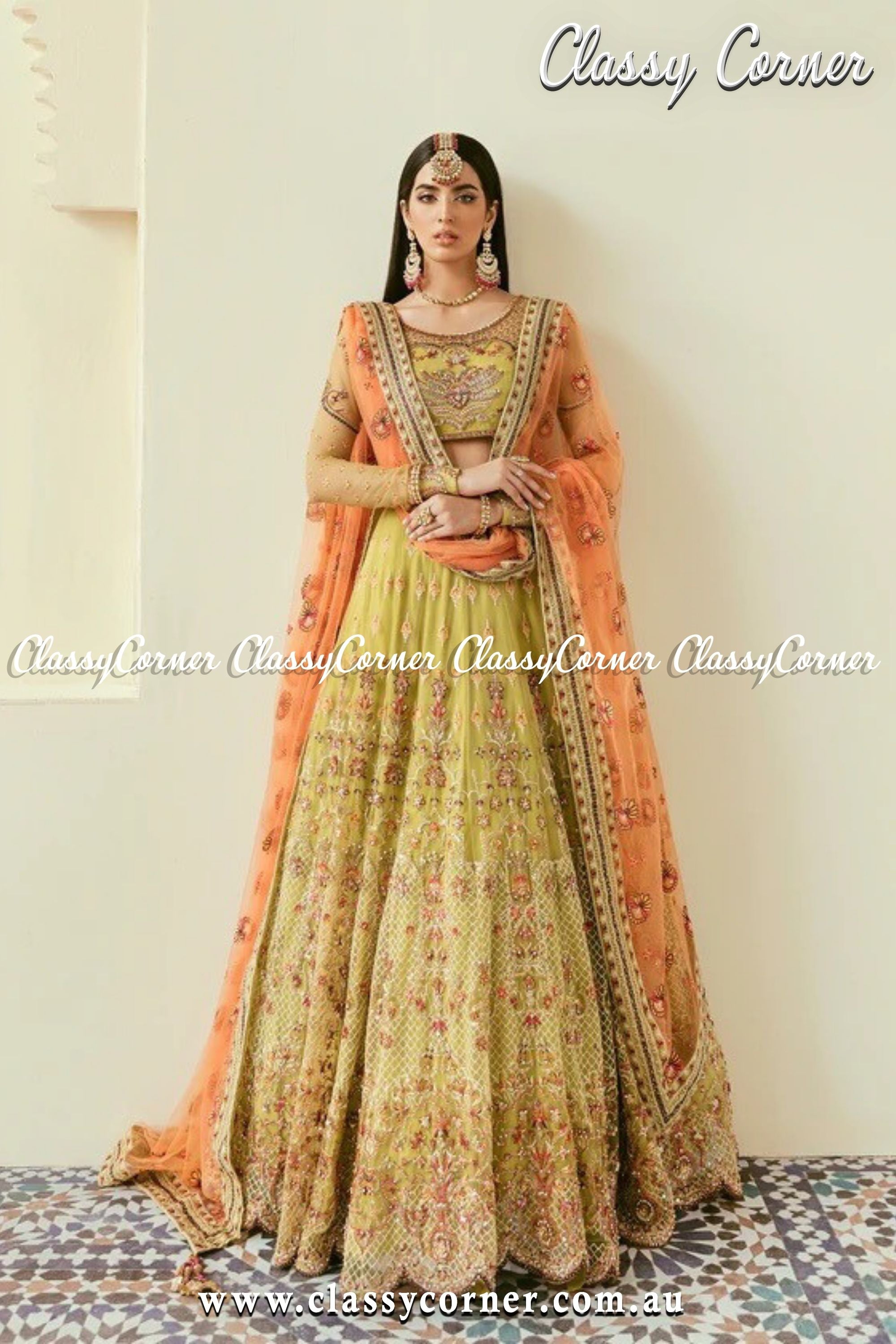 Green Orange Pakistani Wedding Lehenga - Classy Corner