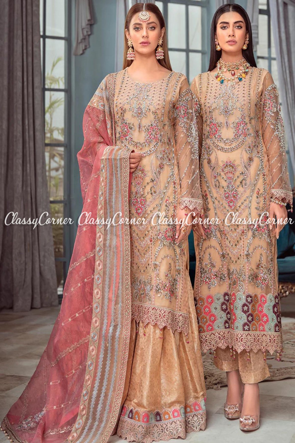 Peach Pink Net Emnroidered Pakistani Outfit