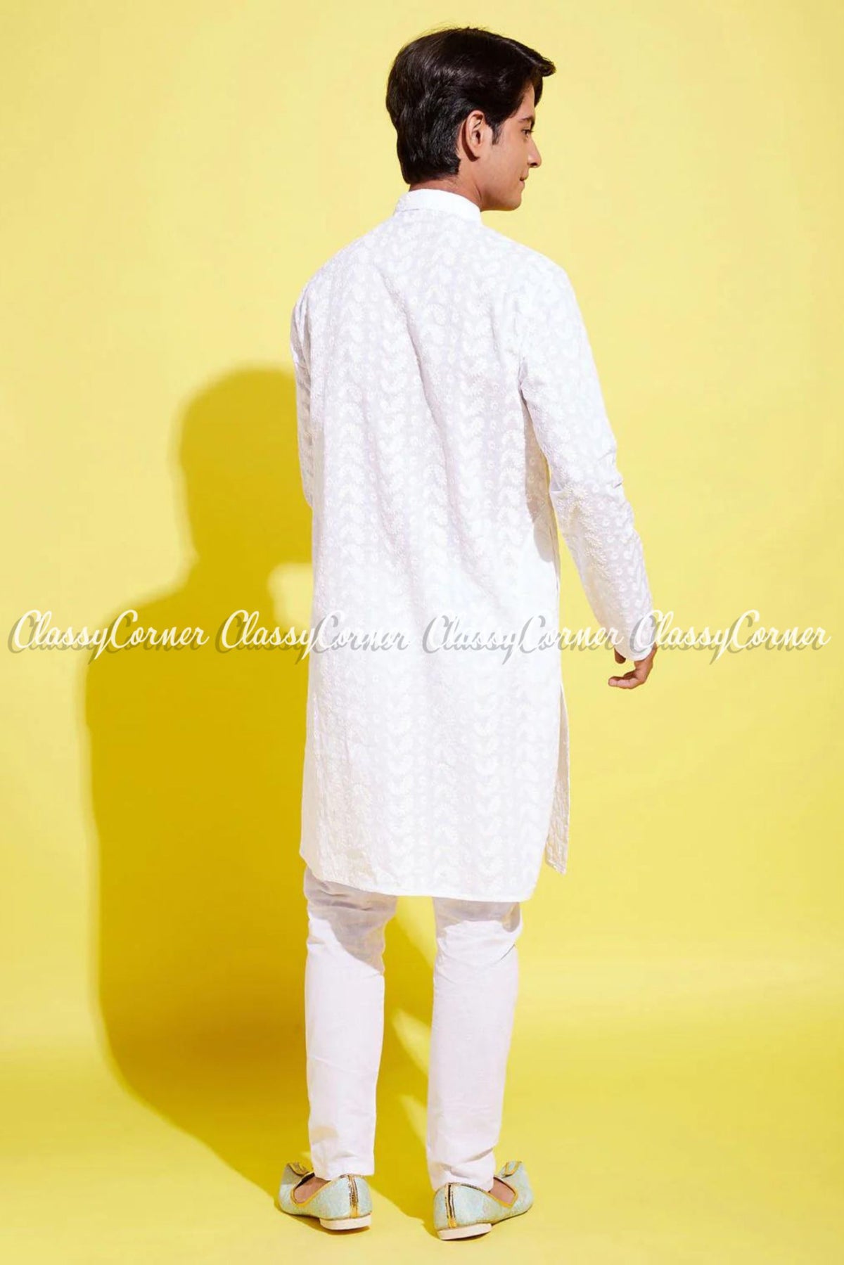 White Cotton Embroidered Festive Kurta Payjama