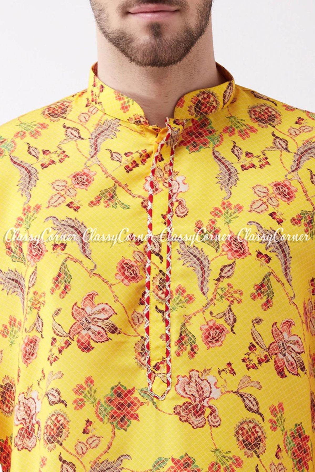 Men&#39;s Yellow Floral Muslin Blend Kurta